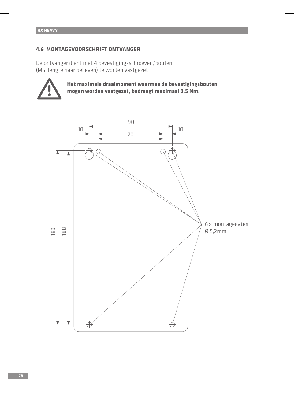 784.6  MONTAGEVOORSCHRIFT ONTVANGERDe ontvanger dient met 4 bevestigingsschroeven/bouten (M5, lengte naar believen) te worden vastgezet Het maximale draaimoment waarmee de bevestigingsbouten   mogen worden vastgezet, bedraagt maximaal 3,5 Nm.RX HEAVY901891887010 106 × montagegatenØ 5,2mm