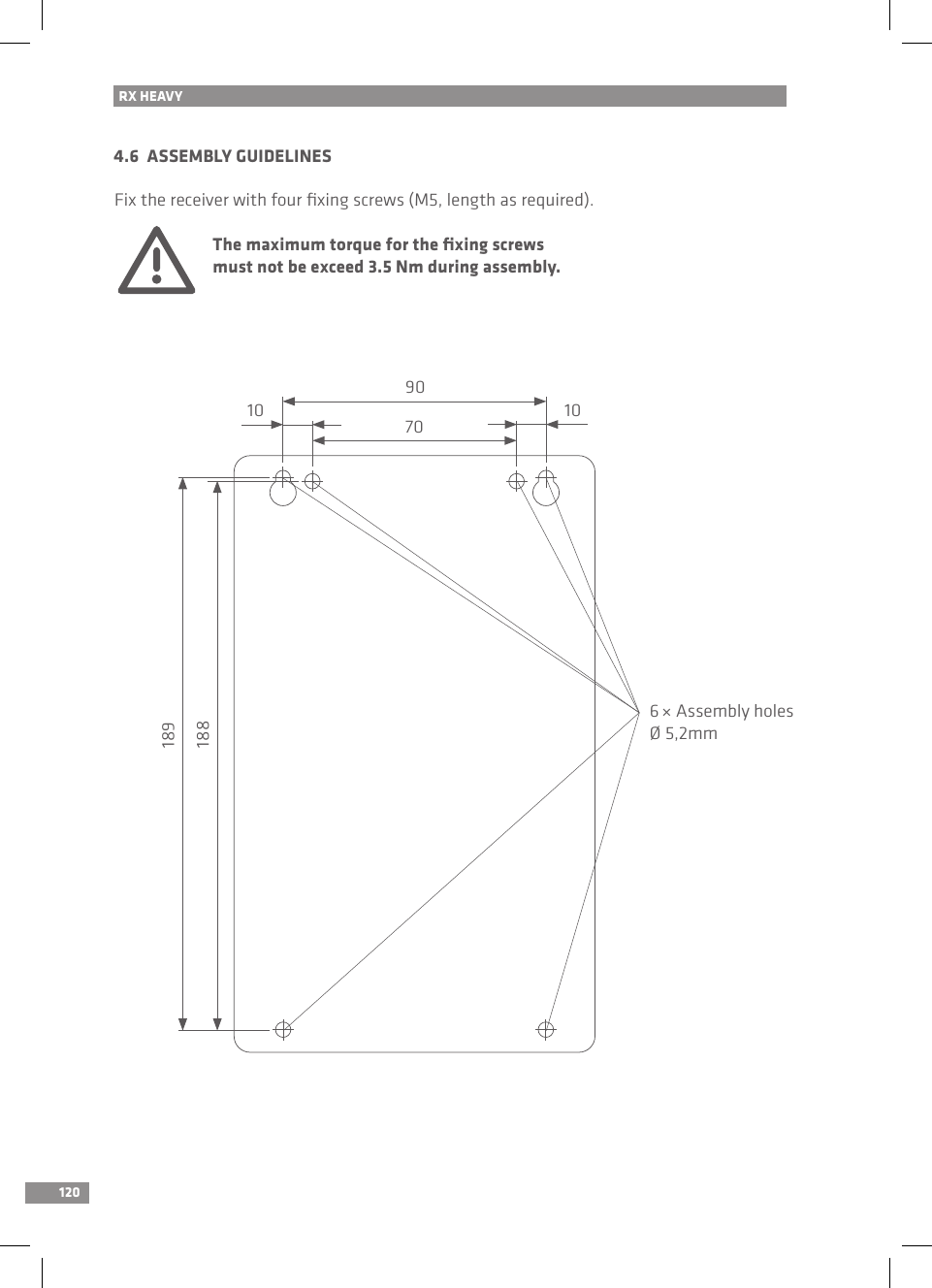 1204.6  ASSEMBLY GUIDELINESFix the receiver with four ﬁxing screws (M5, length as required). The maximum torque for the ﬁxing screws   must not be exceed 3.5 Nm during assembly.RX HEAVY901891887010 106 × Assembly holesØ 5,2mm