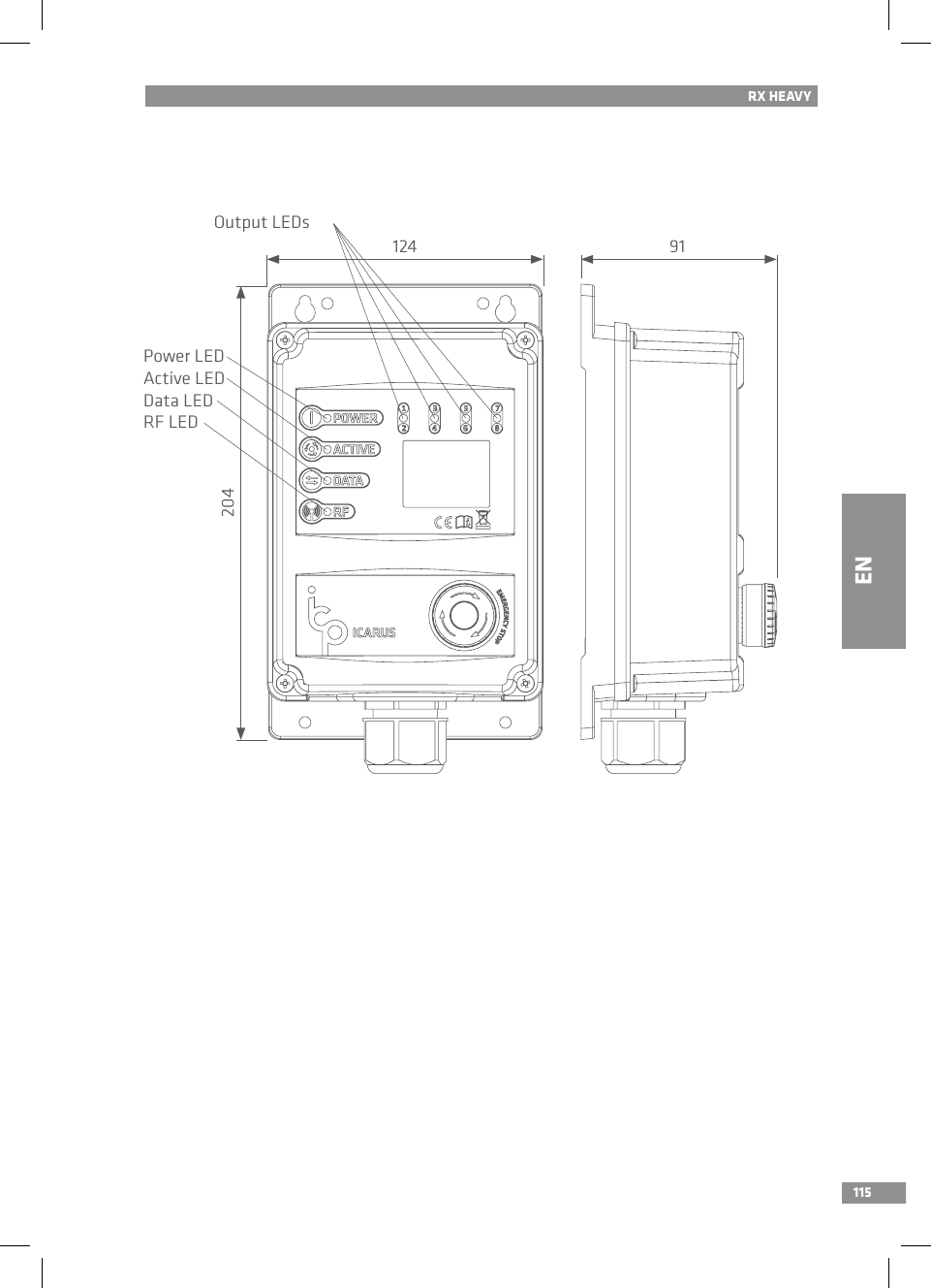 115Power LEDActive LEDData LEDRF LEDRX HEAVY12420491Output LEDsEN