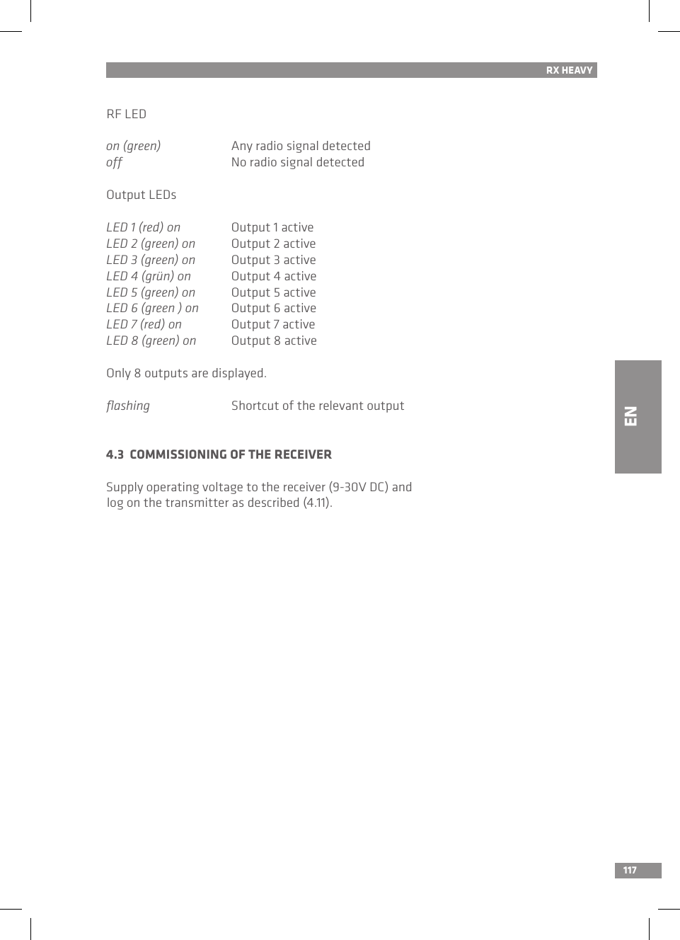 117RX HEAVYRF LEDon (green)  Any radio signal detectedoff  No radio signal detectedOutput LEDsLED 1 (red) on  Output 1 activeLED 2 (green) on  Output 2 activeLED 3 (green) on  Output 3 activeLED 4 (grün) on  Output 4 activeLED 5 (green) on  Output 5 activeLED 6 (green ) on  Output 6 activeLED 7 (red) on  Output 7 activeLED 8 (green) on  Output 8 activeOnly 8 outputs are displayed.ﬂashing  Shortcut of the relevant output4.3  COMMISSIONING OF THE RECEIVERSupply operating voltage to the receiver (9-30V DC) and log on the transmitter as described (4.11).EN
