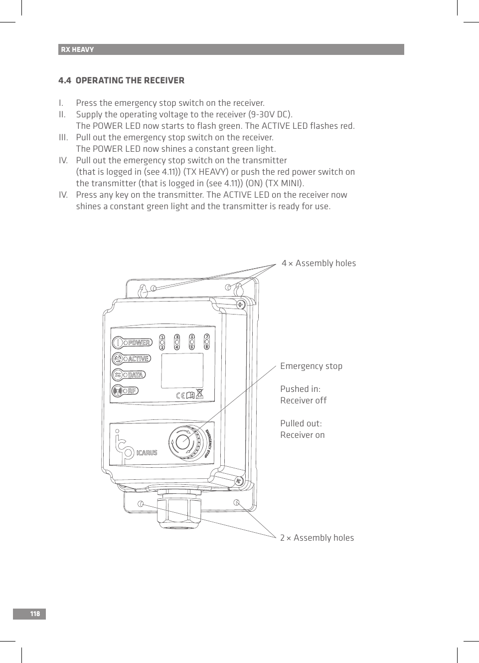 1184.4  OPERATING THE RECEIVERI.  Press the emergency stop switch on the receiver.II.  Supply the operating voltage to the receiver (9-30V DC).   The POWER LED now starts to ﬂash green. The ACTIVE LED ﬂashes red.III.  Pull out the emergency stop switch on the receiver.   The POWER LED now shines a constant green light.IV.  Pull out the emergency stop switch on the transmitter   (that is logged in (see 4.11)) (TX HEAVY) or push the red power switch on   the transmitter (that is logged in (see 4.11)) (ON) (TX MINI).IV.  Press any key on the transmitter. The ACTIVE LED on the receiver now   shines a constant green light and the transmitter is ready for use.4 × Assembly holesRX HEAVYEmergency stopPushed in:Receiver offPulled out:Receiver on2 × Assembly holes