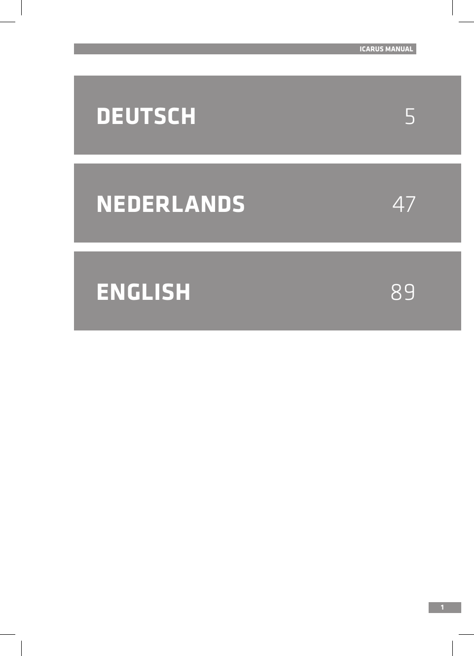 1ICARUS MANUALDEUTSCH  5NEDERLANDS  47ENGLISH  89