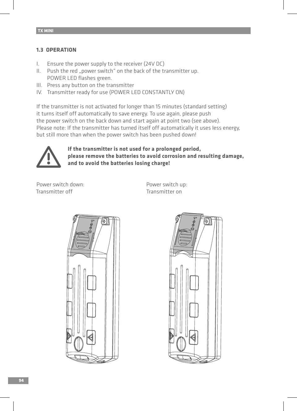 941.3  OPERATIONI.   Ensure the power supply to the receiver (24V DC)II.  Push the red „power switch“ on the back of the transmitter up.   POWER LED ﬂashes green.III.   Press any button on the transmitterIV.   Transmitter ready for use (POWER LED CONSTANTLY ON)If the transmitter is not activated for longer than 15 minutes (standard setting) it turns itself off automatically to save energy. To use again, please push the power switch on the back down and start again at point two (see above).Please note: If the transmitter has turned itself off automatically it uses less energy, but still more than when the power switch has been pushed down!  If the transmitter is not used for a prolonged period,   please remove the batteries to avoid corrosion and resulting damage,   and to avoid the batteries losing charge!Power switch down:  Power switch up:Transmitter off  Transmitter onTX MINI