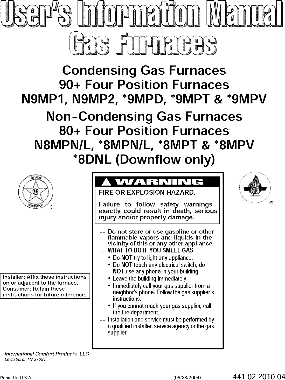 Icp C8dnl100f14a1 User Manual 80 Single Stage Gas Furnace Manuals