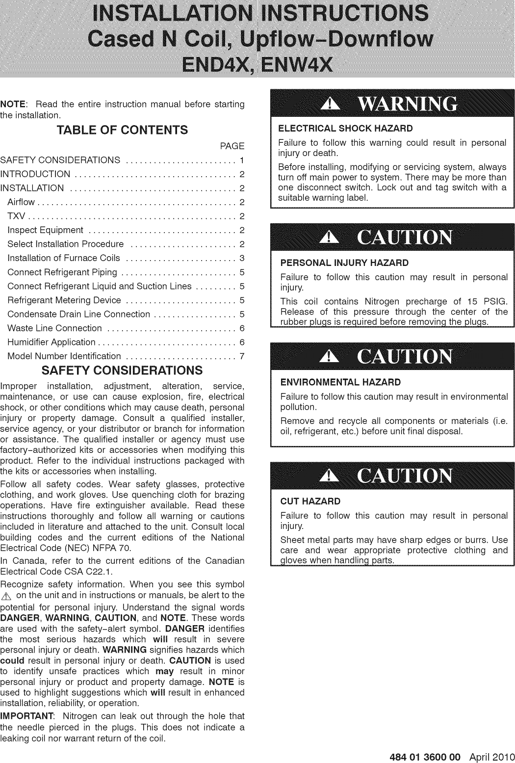 Page 1 of 7 - ICP ENA4X18C14A1 User Manual  EVAP COIL - Manuals And Guides 1206618L