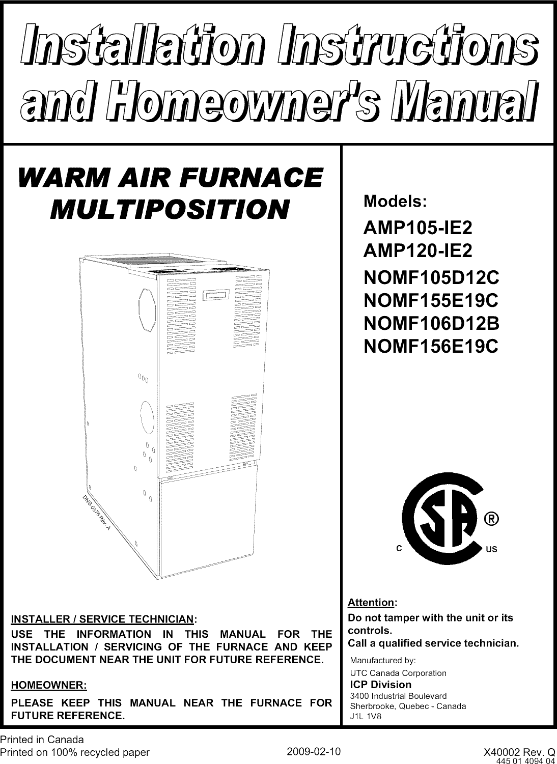 ICP Furnace/Heater, Oil Manual L0909256