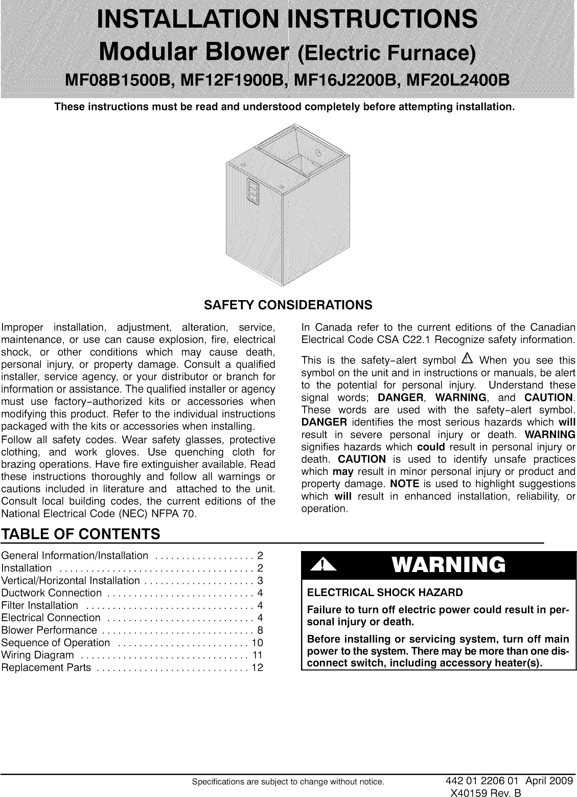 Page 1 of 12 - ICP  Air Handler (indoor Blower&evap) Manual L0909283