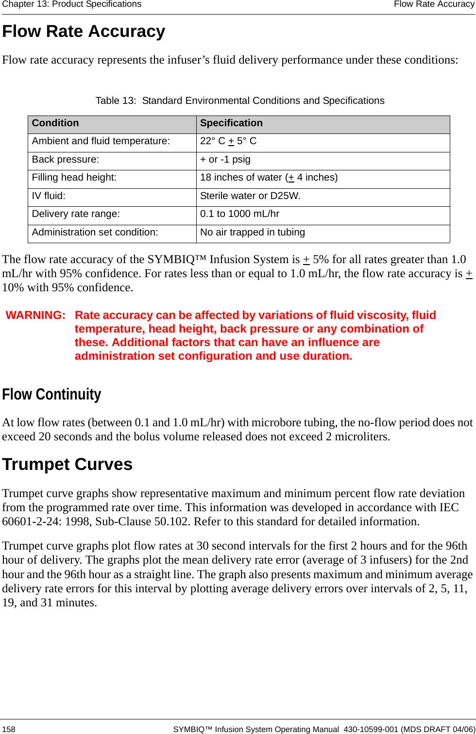  158 SYMBIQ™ Infusion System Operating Manual  430-10599-001 (MDS DRAFT 04/06)Chapter 13: Product Specifications Flow Rate AccuracyFlow Rate AccuracyFlow rate accuracy represents the infuser’s fluid delivery performance under these conditions:The flow rate accuracy of the SYMBIQ™ Infusion System is + 5% for all rates greater than 1.0 mL/hr with 95% confidence. For rates less than or equal to 1.0 mL/hr, the flow rate accuracy is + 10% with 95% confidence.WARNING: Rate accuracy can be affected by variations of fluid viscosity, fluid temperature, head height, back pressure or any combination of these. Additional factors that can have an influence are administration set configuration and use duration.Flow ContinuityAt low flow rates (between 0.1 and 1.0 mL/hr) with microbore tubing, the no-flow period does not exceed 20 seconds and the bolus volume released does not exceed 2 microliters.Trumpet CurvesTrumpet curve graphs show representative maximum and minimum percent flow rate deviation from the programmed rate over time. This information was developed in accordance with IEC 60601-2-24: 1998, Sub-Clause 50.102. Refer to this standard for detailed information.Trumpet curve graphs plot flow rates at 30 second intervals for the first 2 hours and for the 96th hour of delivery. The graphs plot the mean delivery rate error (average of 3 infusers) for the 2nd hour and the 96th hour as a straight line. The graph also presents maximum and minimum average delivery rate errors for this interval by plotting average delivery errors over intervals of 2, 5, 11, 19, and 31 minutes. Table 13:  Standard Environmental Conditions and SpecificationsCondition SpecificationAmbient and fluid temperature: 22° C + 5° CBack pressure: + or -1 psigFilling head height: 18 inches of water (+ 4 inches)IV fluid: Sterile water or D25W.Delivery rate range: 0.1 to 1000 mL/hrAdministration set condition: No air trapped in tubing
