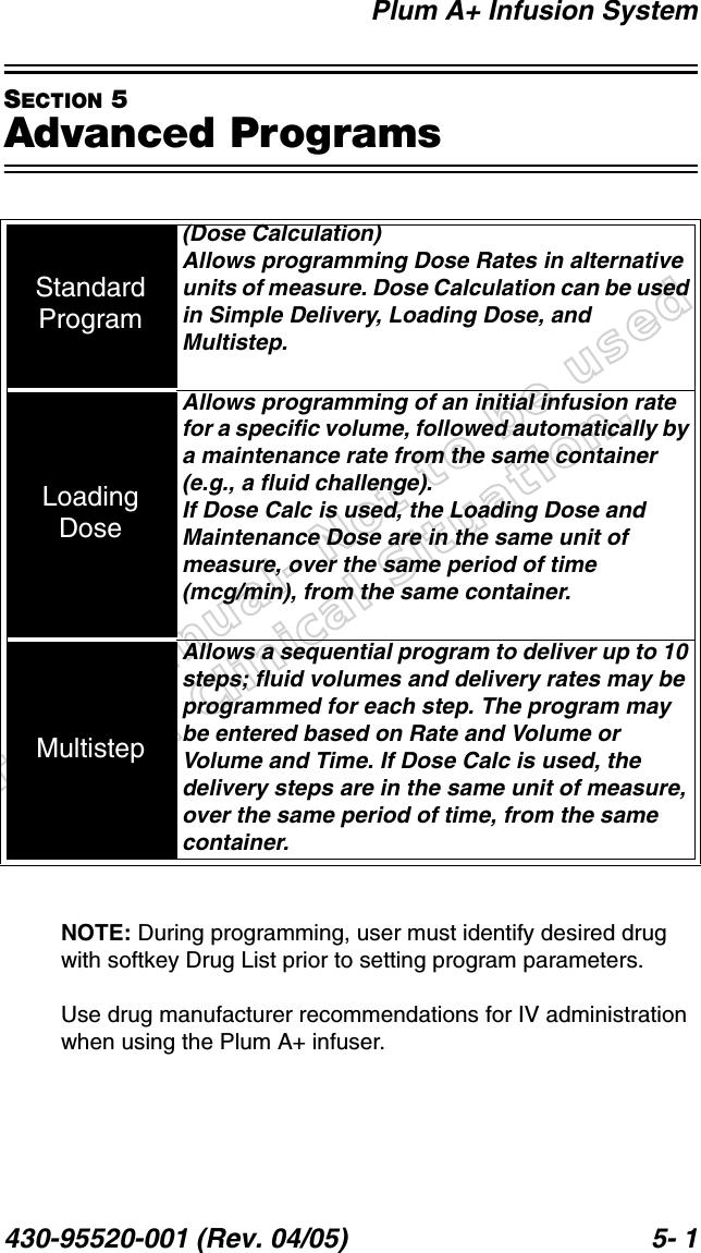 Draft Manual- Not to be usedin a Clinical Situation.Plum A+ Infusion System430-95520-001 (Rev. 04/05) 5- 1SECTION 5Advanced ProgramsNOTE: During programming, user must identify desired drug with softkey Drug List prior to setting program parameters.Use drug manufacturer recommendations for IV administration when using the Plum A+ infuser.StandardProgram(Dose Calculation) Allows programming Dose Rates in alternative units of measure. Dose Calculation can be used in Simple Delivery, Loading Dose, and Multistep.Loading DoseAllows programming of an initial infusion rate for a specific volume, followed automatically by a maintenance rate from the same container (e.g., a fluid challenge).If Dose Calc is used, the Loading Dose and Maintenance Dose are in the same unit of measure, over the same period of time(mcg/min), from the same container. MultistepAllows a sequential program to deliver up to 10 steps; fluid volumes and delivery rates may be programmed for each step. The program may be entered based on Rate and Volume or Volume and Time. If Dose Calc is used, the delivery steps are in the same unit of measure, over the same period of time, from the same container.