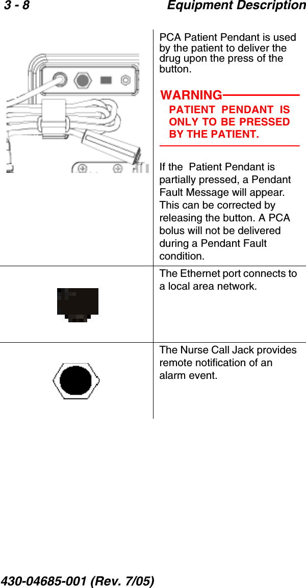  3 - 8 Equipment Description430-04685-001 (Rev. 7/05)  PCA Patient Pendant is used by the patient to deliver the drug upon the press of the button.WARNINGPATIENT PENDANT ISONLY TO BE PRESSEDBY THE PATIENT.If the  Patient Pendant is partially pressed, a Pendant Fault Message will appear. This can be corrected by releasing the button. A PCA bolus will not be delivered during a Pendant Fault condition.The Ethernet port connects to a local area network. The Nurse Call Jack provides remote notification of an alarm event.