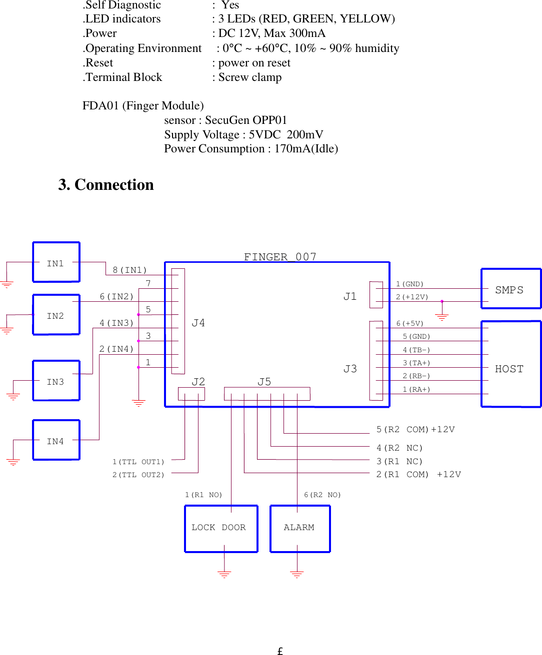  £µ.Self Diagnostic            :  Yes .LED indicators            : 3 LEDs (RED, GREEN, YELLOW)    .Power             : DC 12V, Max 300mA .Operating Environment     : 0°C ~ +60°C, 10% ~ 90% humidity .Reset             : power on reset       .Terminal Block            : Screw clamp  FDA01 (Finger Module)    sensor : SecuGen OPP01    Supply Voltage : 5VDC  200mV    Power Consumption : 170mA(Idle)     3. Connection                    1(GND) 2(+12V) SMPS HOST LOCK DOOR ALARM 2(R1 COM) +12V J5 J4 J1 J3 IN1 IN4 IN2 IN3 1(R1 NO) 6(R2 NO) 3(R1 NC) 4(R2 NC) 5(R2 COM)+12V 8(IN1) 6(IN2) 4(IN3) 2(IN4) 7 5 3 1 FINGER_007 J2 6(+5V) 5(GND) 4(TB-) 2(RB-) 1(RA+) 3(TA+) 1(TTL OUT1) 2(TTL OUT2) 