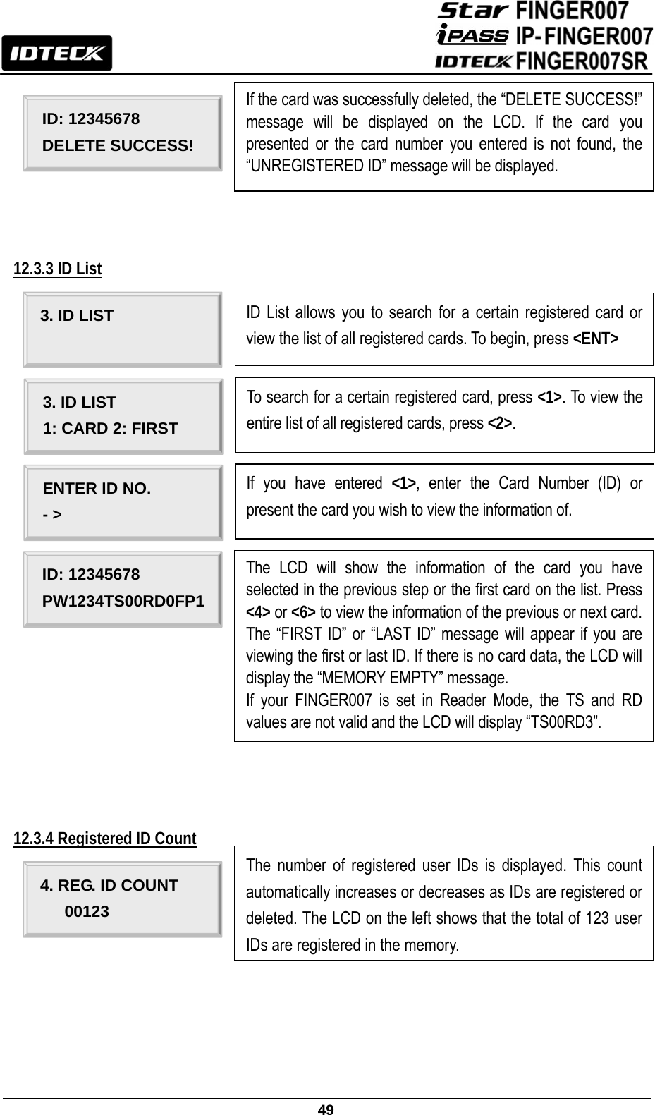                                                               49         12.3.3 ID List                         12.3.4 Registered ID Count              ID: 12345678 DELETE SUCCESS! If the card was successfully deleted, the “DELETE SUCCESS!” message will be displayed on the LCD. If the card you presented or the card number you entered is not found, the “UNREGISTERED ID” message will be displayed. 3. ID LIST 3. ID LIST 1: CARD 2: FIRST ID List allows you to search for a certain registered card or view the list of all registered cards. To begin, press &lt;ENT&gt; To search for a certain registered card, press &lt;1&gt;. To view the entire list of all registered cards, press &lt;2&gt;. ID: 12345678 PW1234TS00RD0FP1 The LCD will show the information of the card you have selected in the previous step or the first card on the list. Press &lt;4&gt; or &lt;6&gt; to view the information of the previous or next card. The “FIRST ID” or “LAST ID” message will appear if you are viewing the first or last ID. If there is no card data, the LCD will display the “MEMORY EMPTY” message. If your FINGER007 is set in Reader Mode, the TS and RD values are not valid and the LCD will display “TS00RD3”. ENTER ID NO. - &gt; If you have entered &lt;1&gt;, enter the Card Number (ID) or present the card you wish to view the information of. 4. REG. ID COUNT    00123 The number of registered user IDs is displayed. This count automatically increases or decreases as IDs are registered or deleted. The LCD on the left shows that the total of 123 user IDs are registered in the memory.  