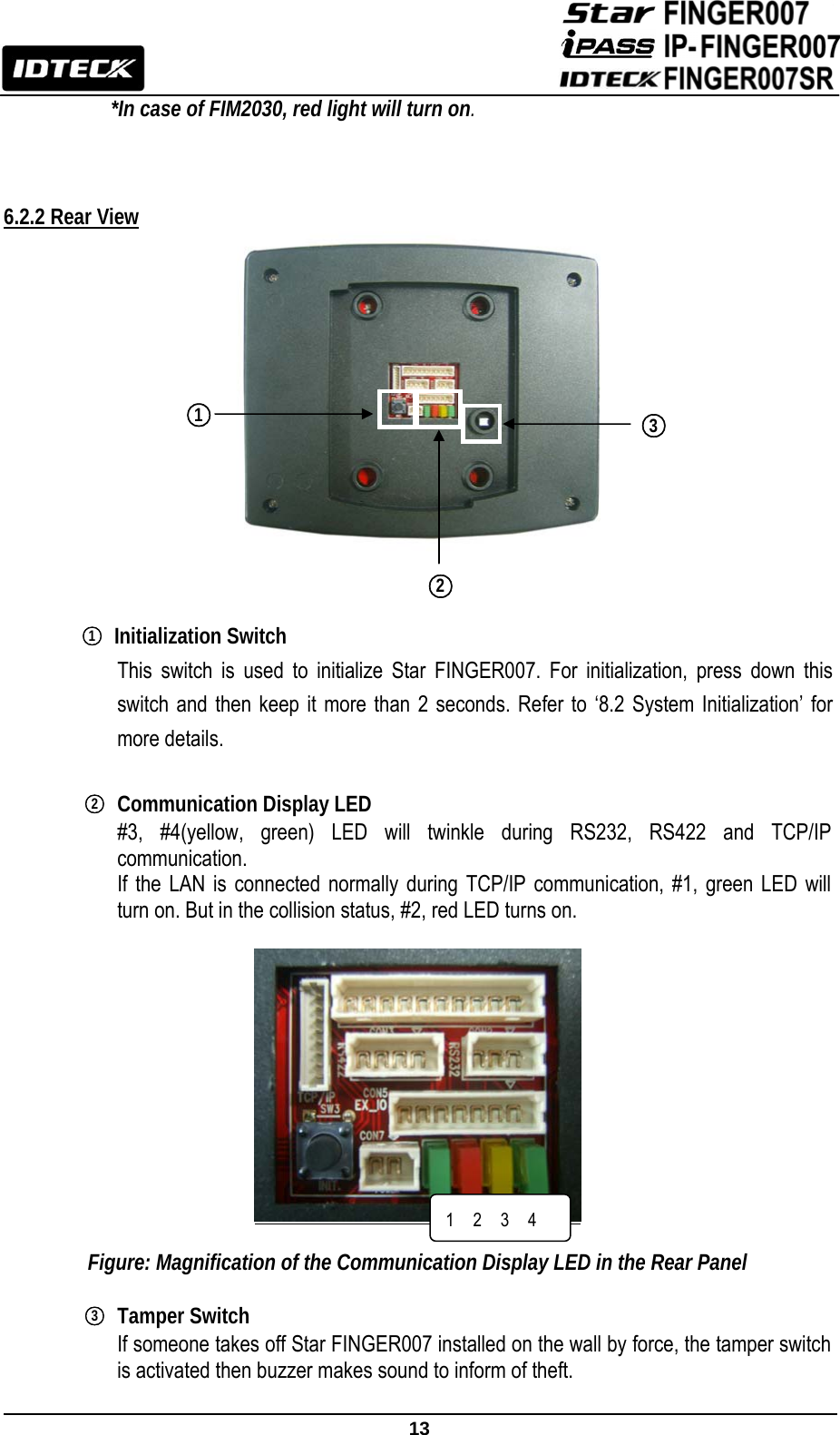                                                               13  *In case of FIM2030, red light will turn on.    6.2.2 Rear View                  ○1 Initialization Switch           This switch is used to initialize Star FINGER007. For initialization, press down this switch and then keep it more than 2 seconds. Refer to ‘8.2 System Initialization’ for more details.   ○2  Communication Display LED #3, #4(yellow, green) LED will twinkle during RS232, RS422 and TCP/IP communication. If the LAN is connected normally during TCP/IP communication, #1, green LED will turn on. But in the collision status, #2, red LED turns on.      Figure: Magnification of the Communication Display LED in the Rear Panel  ○3 Tamper Switch If someone takes off Star FINGER007 installed on the wall by force, the tamper switch is activated then buzzer makes sound to inform of theft.  ○2 ○1  ○3 1  2  3  4 