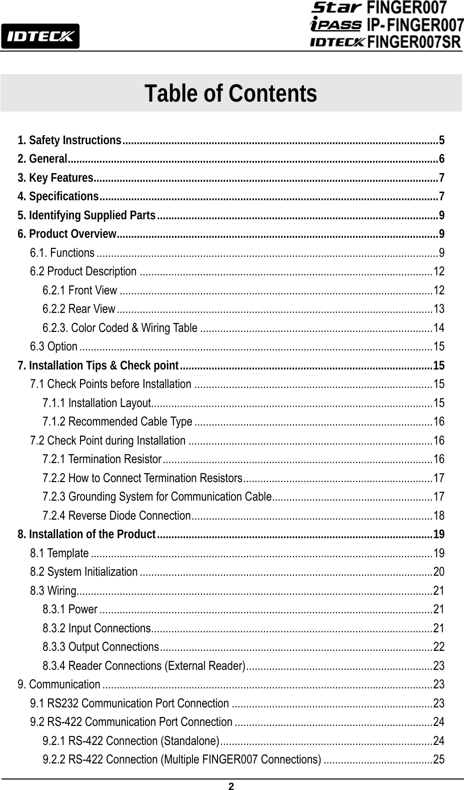                                                               2   Table of Contents  1. Safety Instructions .............................................................................................................. 5 2. General ................................................................................................................................. 6 3. Key Features ........................................................................................................................ 7 4. Specifications ...................................................................................................................... 7 5. Identifying Supplied Parts .................................................................................................. 9 6. Product Overview ................................................................................................................ 9 6.1. Functions ....................................................................................................................... 9 6.2 Product Description ...................................................................................................... 12 6.2.1 Front View ............................................................................................................. 12 6.2.2 Rear View .............................................................................................................. 13 6.2.3. Color Coded &amp; Wiring Table ................................................................................. 14 6.3 Option ........................................................................................................................... 15 7. Installation Tips &amp; Check point ........................................................................................ 15 7.1 Check Points before Installation ................................................................................... 15 7.1.1 Installation Layout .................................................................................................. 15 7.1.2 Recommended Cable Type ................................................................................... 16 7.2 Check Point during Installation ..................................................................................... 16 7.2.1 Termination Resistor .............................................................................................. 16 7.2.2 How to Connect Termination Resistors .................................................................. 17 7.2.3 Grounding System for Communication Cable ........................................................ 17 7.2.4 Reverse Diode Connection .................................................................................... 18 8. Installation of the Product ................................................................................................ 19 8.1 Template ....................................................................................................................... 19 8.2 System Initialization ...................................................................................................... 20 8.3 Wiring............................................................................................................................ 21 8.3.1 Power .................................................................................................................... 21 8.3.2 Input Connections .................................................................................................. 21 8.3.3 Output Connections ............................................................................................... 22 8.3.4 Reader Connections (External Reader) ................................................................. 23 9. Communication ................................................................................................................... 23 9.1 RS232 Communication Port Connection ...................................................................... 23 9.2 RS-422 Communication Port Connection ..................................................................... 24 9.2.1 RS-422 Connection (Standalone) .......................................................................... 24 9.2.2 RS-422 Connection (Multiple FINGER007 Connections) ...................................... 25 