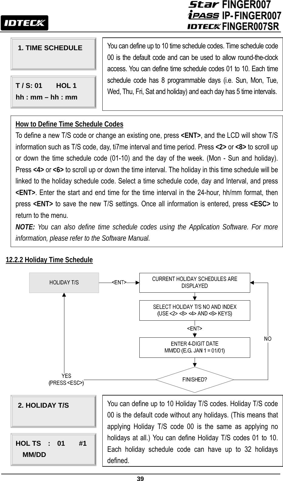                                                               39                          12.2.2 Holiday Time Schedule                     You can define up to 10 time schedule codes. Time schedule code 00 is the default code and can be used to allow round-the-clock access. You can define time schedule codes 01 to 10. Each time schedule code has 8 programmable days (i.e. Sun, Mon, Tue, Wed, Thu, Fri, Sat and holiday) and each day has 5 time intervals.1. TIME SCHEDULE T / S: 01        HOL 1 hh : mm – hh : mm How to Define Time Schedule Codes To define a new T/S code or change an existing one, press &lt;ENT&gt;, and the LCD will show T/S information such as T/S code, day, ti7me interval and time period. Press &lt;2&gt; or &lt;8&gt; to scroll up or down the time schedule code (01-10) and the day of the week. (Mon - Sun and holiday). Press &lt;4&gt; or &lt;6&gt; to scroll up or down the time interval. The holiday in this time schedule will be linked to the holiday schedule code. Select a time schedule code, day and Interval, and press &lt;ENT&gt;. Enter the start and end time for the time interval in the 24-hour, hh/mm format, then press &lt;ENT&gt; to save the new T/S settings. Once all information is entered, press &lt;ESC&gt; to return to the menu. NOTE: You can also define time schedule codes using the Application Software. For more information, please refer to the Software Manual. You can define up to 10 Holiday T/S codes. Holiday T/S code 00 is the default code without any holidays. (This means that applying Holiday T/S code 00 is the same as applying no holidays at all.) You can define Holiday T/S codes 01 to 10. Each holiday schedule code can have up to 32 holidays defined.2. HOLIDAY T/S HOL TS  :  01    #1 MM/DD 