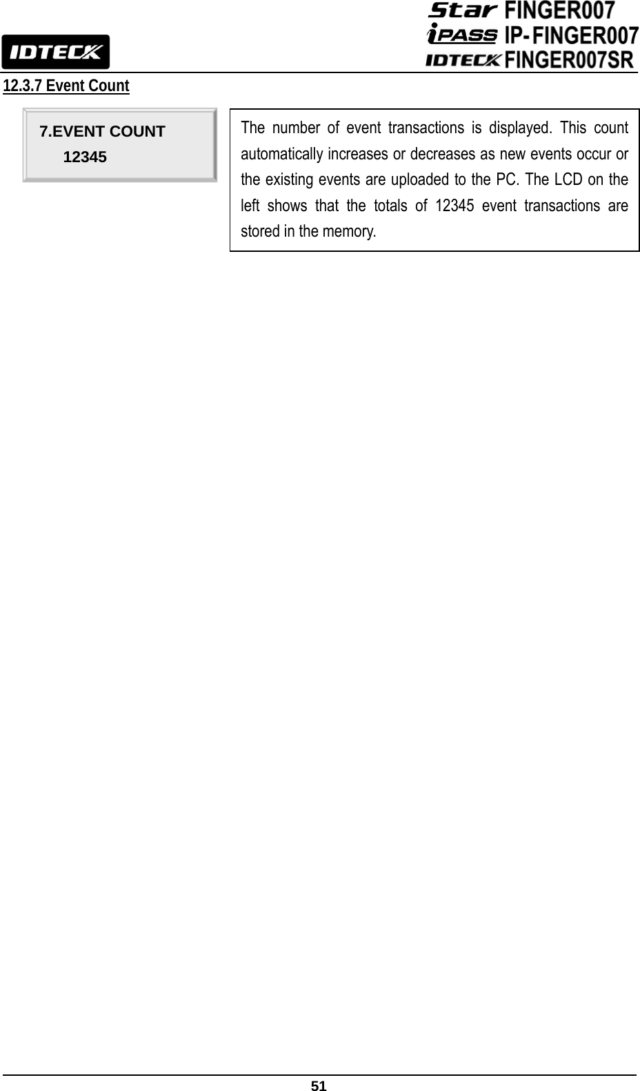                                                               51  12.3.7 Event Count                                       7.EVENT COUNT    12345 The number of event transactions is displayed. This count automatically increases or decreases as new events occur or the existing events are uploaded to the PC. The LCD on the left shows that the totals of 12345 event transactions are stored in the memory.   