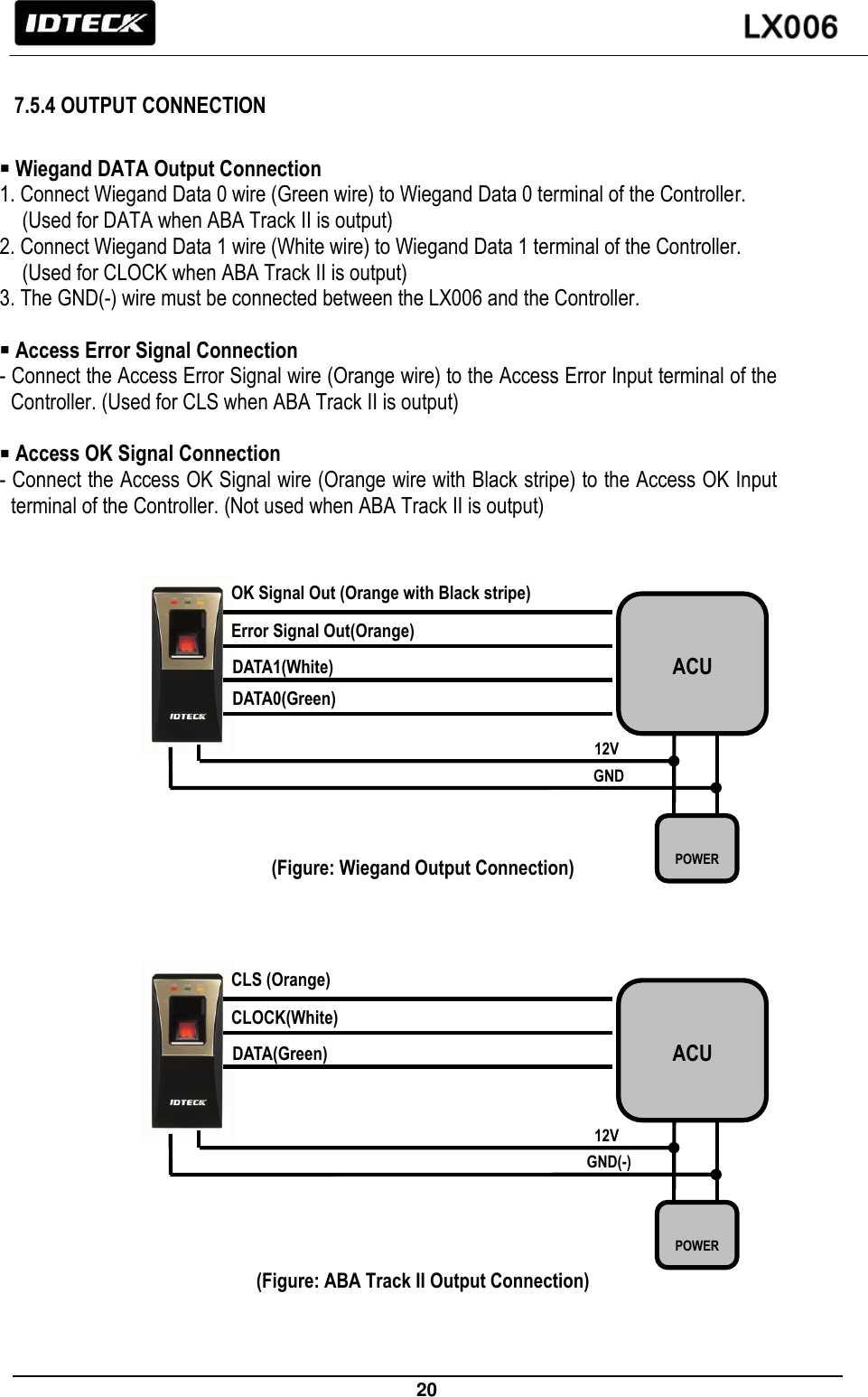                                                                 20    7.5.4 OUTPUT CONNECTION   Wiegand DATA Output Connection 1. Connect Wiegand Data 0 wire (Green wire) to Wiegand Data 0 terminal of the Controller. (Used for DATA when ABA Track II is output) 2. Connect Wiegand Data 1 wire (White wire) to Wiegand Data 1 terminal of the Controller. (Used for CLOCK when ABA Track II is output) 3. The GND(-) wire must be connected between the LX006 and the Controller.   Access Error Signal Connection - Connect the Access Error Signal wire (Orange wire) to the Access Error Input terminal of the Controller. (Used for CLS when ABA Track II is output)   Access OK Signal Connection - Connect the Access OK Signal wire (Orange wire with Black stripe) to the Access OK Input terminal of the Controller. (Not used when ABA Track II is output)                (Figure: Wiegand Output Connection)                (Figure: ABA Track II Output Connection)    ACU OK Signal Out (Orange with Black stripe) Error Signal Out(Orange) ) DATA1(White) ) DATA0(Green)  POWER 12V GND ACU CLS (Orange) CLOCK(White) ) DATA(Green) )  POWER 12V GND(-) 