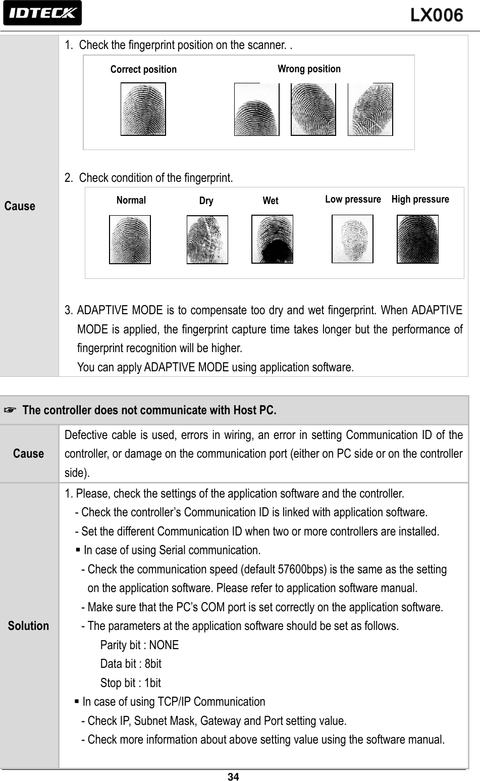                                                                 34   정상적인 지문                     위치가 잘못된 지문들    Cause 1. Check the fingerprint position on the scanner. .       2. Check condition of the fingerprint.       3. ADAPTIVE MODE is to compensate too dry and wet fingerprint. When ADAPTIVE MODE is applied, the fingerprint capture time takes longer but the  performance of fingerprint recognition will be higher. You can apply ADAPTIVE MODE using application software.    ☞  The controller does not communicate with Host PC. Cause Defective cable is used, errors in wiring, an error in setting Communication ID of the controller, or damage on the communication port (either on PC side or on the controller side). Solution 1. Please, check the settings of the application software and the controller. - Check the controller’s Communication ID is linked with application software. - Set the different Communication ID when two or more controllers are installed.  In case of using Serial communication. - Check the communication speed (default 57600bps) is the same as the setting   on the application software. Please refer to application software manual. - Make sure that the PC’s COM port is set correctly on the application software. - The parameters at the application software should be set as follows. Parity bit : NONE Data bit : 8bit Stop bit : 1bit    In case of using TCP/IP Communication   - Check IP, Subnet Mask, Gateway and Port setting value. - Check more information about above setting value using the software manual.    Correct position Wrong position Normal Dry         Wet     Low pressure    High pressure 