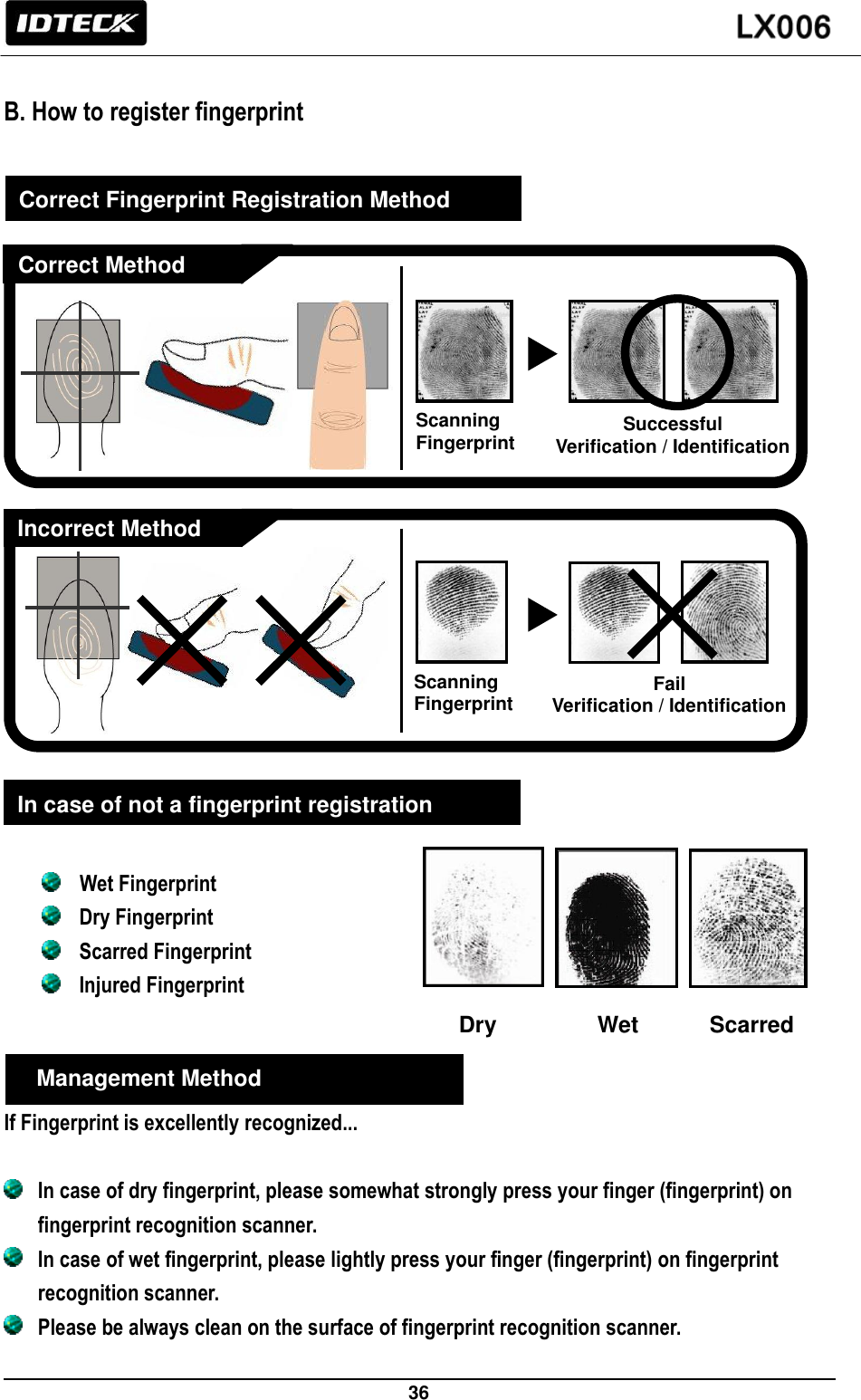                                                                 36    B. How to register fingerprint                              Wet Fingerprint  Dry Fingerprint  Scarred Fingerprint  Injured Fingerprint     If Fingerprint is excellently recognized...   In case of dry fingerprint, please somewhat strongly press your finger (fingerprint) on   fingerprint recognition scanner.  In case of wet fingerprint, please lightly press your finger (fingerprint) on fingerprint   recognition scanner.  Please be always clean on the surface of fingerprint recognition scanner.  Management Method  Correct Fingerprint Registration Method  In case of not a fingerprint registration  Correct Method Scanning Fingerprint Successful Verification / Identification Incorrect Method Scanning Fingerprint Fail Verification / Identification Dry Wet Scarred 