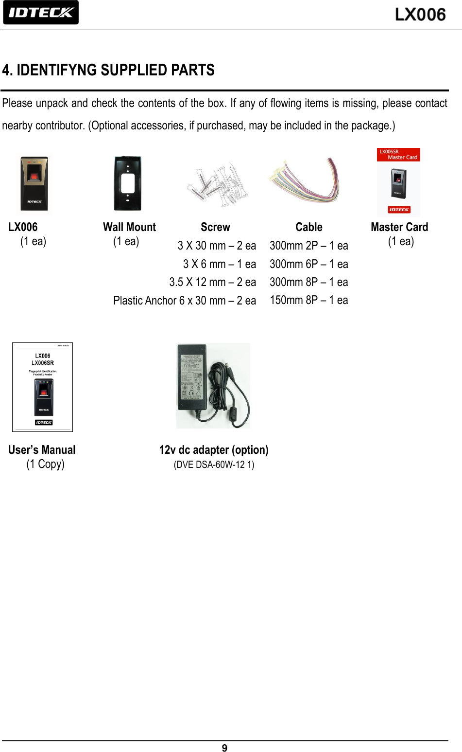                                                                 9    4. IDENTIFYNG SUPPLIED PARTS Please unpack and check the contents of the box. If any of flowing items is missing, please contact nearby contributor. (Optional accessories, if purchased, may be included in the package.)       LX006            Wall Mount                                    Master Card (1 ea)              (1 ea)                                            (1 ea)                     User’s Manual              12v dc adapter (option) (1 Copy)                  (DVE DSA-60W-12 1)Cable 300mm 2P – 1 ea 300mm 6P – 1 ea 300mm 8P – 1 ea 150mm 8P – 1 ea          Screw 3 X 30 mm – 2 ea 3 X 6 mm – 1 ea 3.5 X 12 mm – 2 ea Plastic Anchor 6 x 30 mm – 2 ea 