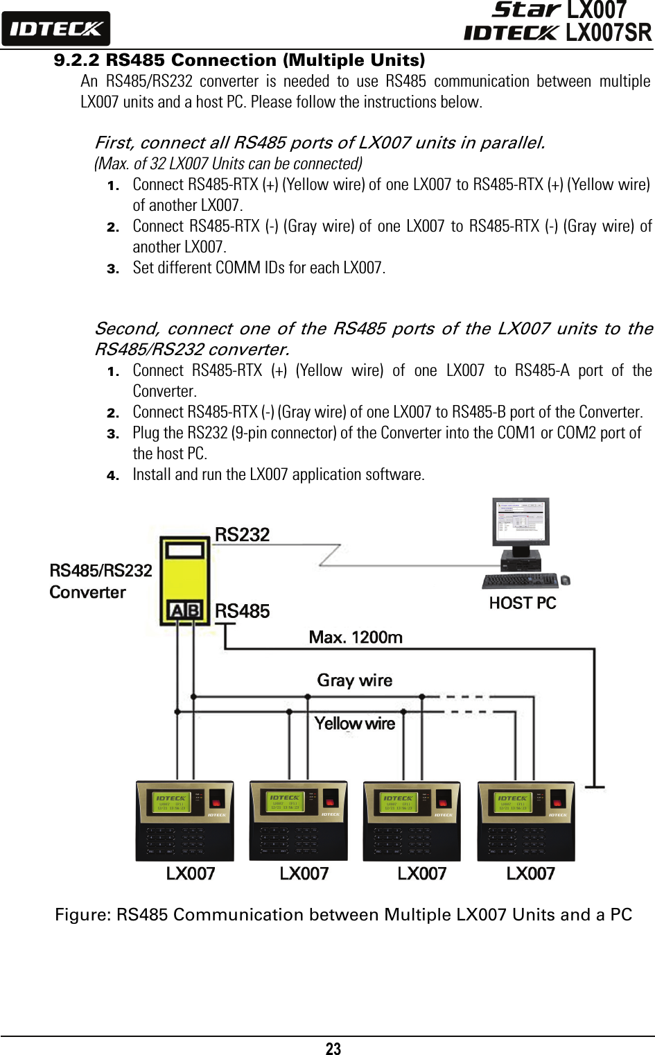                                                                                    23      9.2.2 RS485 Connection (Multiple Units) An RS485/RS232 converter is needed to use RS485 communication between multiple LX007 units and a host PC. Please follow the instructions below.  First, connect all RS485 ports of LX007 units in parallel.   (Max. of 32 LX007 Units can be connected) 1. Connect RS485-RTX (+) (Yellow wire) of one LX007 to RS485-RTX (+) (Yellow wire) of another LX007. 2. Connect RS485-RTX (-) (Gray wire) of one LX007 to RS485-RTX (-) (Gray wire) of another LX007. 3. Set different COMM IDs for each LX007.   Second, connect one of the RS485 ports of the LX007 units to the RS485/RS232 converter. 1. Connect RS485-RTX (+) (Yellow wire) of one LX007 to RS485-A port of the Converter. 2. Connect RS485-RTX (-) (Gray wire) of one LX007 to RS485-B port of the Converter. 3. Plug the RS232 (9-pin connector) of the Converter into the COM1 or COM2 port of the host PC. 4. Install and run the LX007 application software.                      Figure: RS485 Communication between Multiple LX007 Units and a PC    
