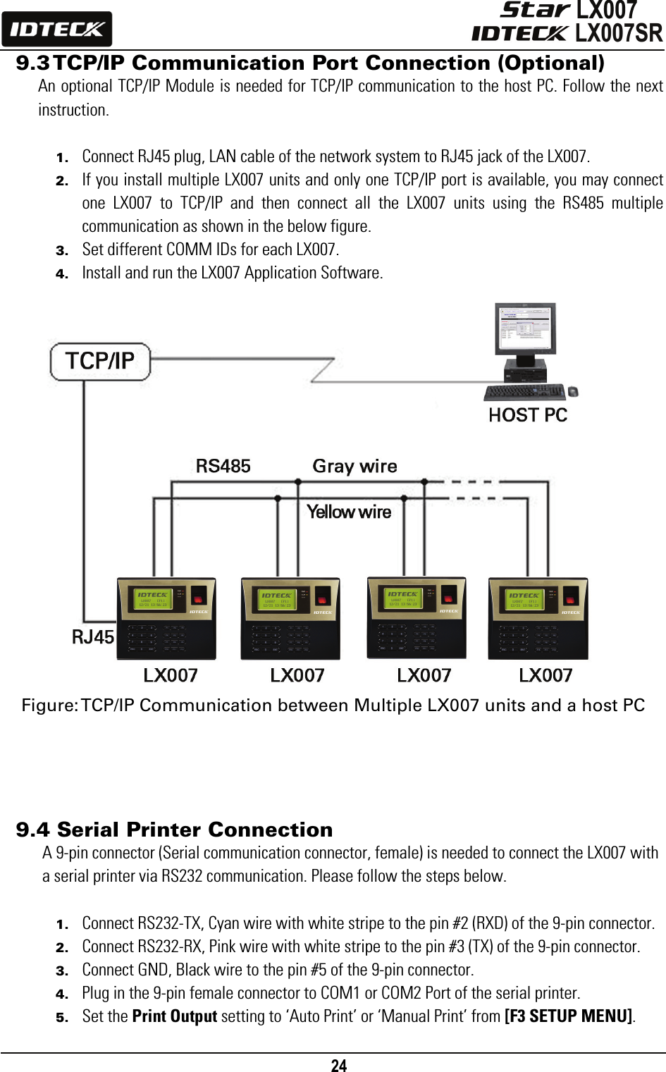                                                                                    24      9.3 TCP/IP Communication Port Connection (Optional) An optional TCP/IP Module is needed for TCP/IP communication to the host PC. Follow the next instruction.  1. Connect RJ45 plug, LAN cable of the network system to RJ45 jack of the LX007. 2. If you install multiple LX007 units and only one TCP/IP port is available, you may connect one LX007 to TCP/IP and then connect all the LX007 units using the RS485 multiple communication as shown in the below figure. 3. Set different COMM IDs for each LX007. 4. Install and run the LX007 Application Software.                     Figure: TCP/IP Communication between Multiple LX007 units and a host PC      9.4 Serial Printer Connection A 9-pin connector (Serial communication connector, female) is needed to connect the LX007 with a serial printer via RS232 communication. Please follow the steps below.  1. Connect RS232-TX, Cyan wire with white stripe to the pin #2 (RXD) of the 9-pin connector. 2. Connect RS232-RX, Pink wire with white stripe to the pin #3 (TX) of the 9-pin connector. 3. Connect GND, Black wire to the pin #5 of the 9-pin connector. 4. Plug in the 9-pin female connector to COM1 or COM2 Port of the serial printer. 5. Set the Print Output setting to ‘Auto Print’ or ‘Manual Print’ from [F3 SETUP MENU]. 
