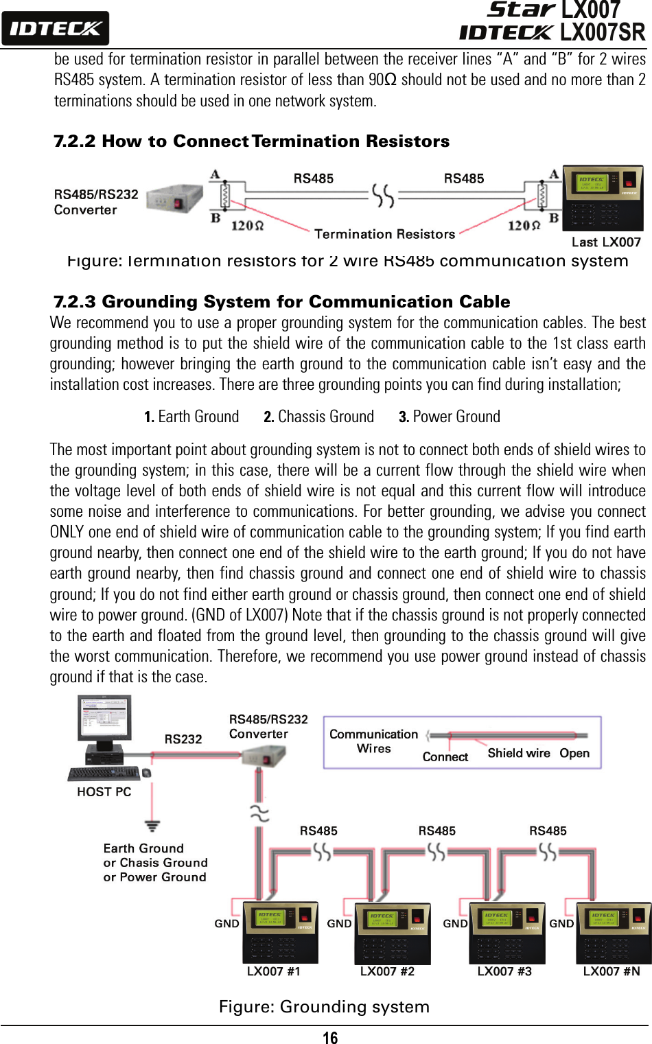                                                                                    16      be used for termination resistor in parallel between the receiver lines “A” and “B” for 2 wires RS485 system. A termination resistor of less than 90Ω should not be used and no more than 2 terminations should be used in one network system.  7.2.2 How to Connect Termination Resistors             Figure: Termination resistors for 2 wire RS485 communication system  7.2.3 Grounding System for Communication Cable We recommend you to use a proper grounding system for the communication cables. The best grounding method is to put the shield wire of the communication cable to the 1st class earth grounding; however bringing the earth ground to the communication cable isn’t easy and the installation cost increases. There are three grounding points you can find during installation;  1. Earth Ground     2. Chassis Ground     3. Power Ground  The most important point about grounding system is not to connect both ends of shield wires to the grounding system; in this case, there will be a current flow through the shield wire when the voltage level of both ends of shield wire is not equal and this current flow will introduce some noise and interference to communications. For better grounding, we advise you connect ONLY one end of shield wire of communication cable to the grounding system; If you find earth ground nearby, then connect one end of the shield wire to the earth ground; If you do not have earth ground nearby, then find chassis ground and connect one end of shield wire to chassis ground; If you do not find either earth ground or chassis ground, then connect one end of shield wire to power ground. (GND of LX007) Note that if the chassis ground is not properly connected to the earth and floated from the ground level, then grounding to the chassis ground will give the worst communication. Therefore, we recommend you use power ground instead of chassis ground if that is the case.                Figure: Grounding system 