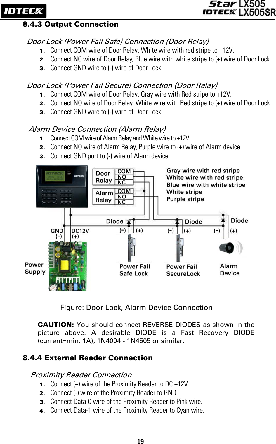                                                                                    19      8.4.3 Output Connection  Door Lock (Power Fail Safe) Connection (Door Relay) 1. Connect COM wire of Door Relay, White wire with red stripe to +12V. 2. Connect NC wire of Door Relay, Blue wire with white stripe to (+) wire of Door Lock. 3. Connect GND wire to (-) wire of Door Lock.  Door Lock (Power Fail Secure) Connection (Door Relay) 1. Connect COM wire of Door Relay, Gray wire with Red stripe to +12V. 2. Connect NO wire of Door Relay, White wire with Red stripe to (+) wire of Door Lock. 3. Connect GND wire to (-) wire of Door Lock.  Alarm Device Connection (Alarm Relay)   1. Connect COM wire of Alarm Relay and White wire to +12V. 2. Connect NO wire of Alarm Relay, Purple wire to (+) wire of Alarm device. 3. Connect GND port to (-) wire of Alarm device.                  Figure: Door Lock, Alarm Device Connection  CAUTION: You should connect REVERSE DIODES as shown in the picture above. A desirable DIODE is a Fast Recovery DIODE (current=min. 1A), 1N4004 - 1N4505 or similar.  8.4.4 External Reader Connection  Proximity Reader Connection 1. Connect (+) wire of the Proximity Reader to DC +12V.   2. Connect (-) wire of the Proximity Reader to GND. 3. Connect Data-0 wire of the Proximity Reader to Pink wire.   4. Connect Data-1 wire of the Proximity Reader to Cyan wire.     