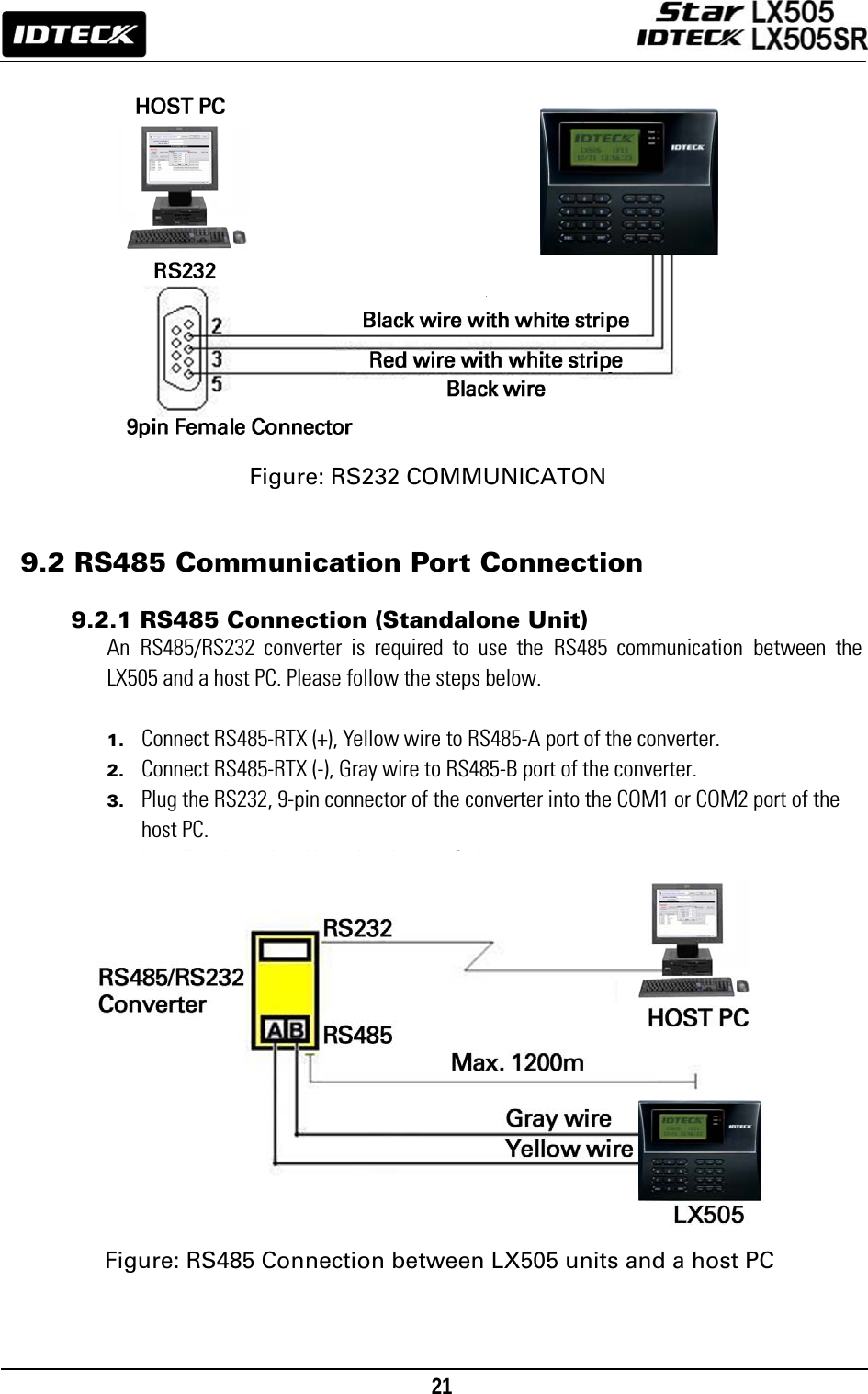                                                                                    21                     Figure: RS232 COMMUNICATON   9.2 RS485 Communication Port Connection  9.2.1 RS485 Connection (Standalone Unit) An RS485/RS232 converter is required to use the RS485 communication between the LX505 and a host PC. Please follow the steps below.  1. Connect RS485-RTX (+), Yellow wire to RS485-A port of the converter. 2. Connect RS485-RTX (-), Gray wire to RS485-B port of the converter. 3. Plug the RS232, 9-pin connector of the converter into the COM1 or COM2 port of the host PC. 4. Install and run the LX505 Application Software.                 Figure: RS485 Connection between LX505 units and a host PC    