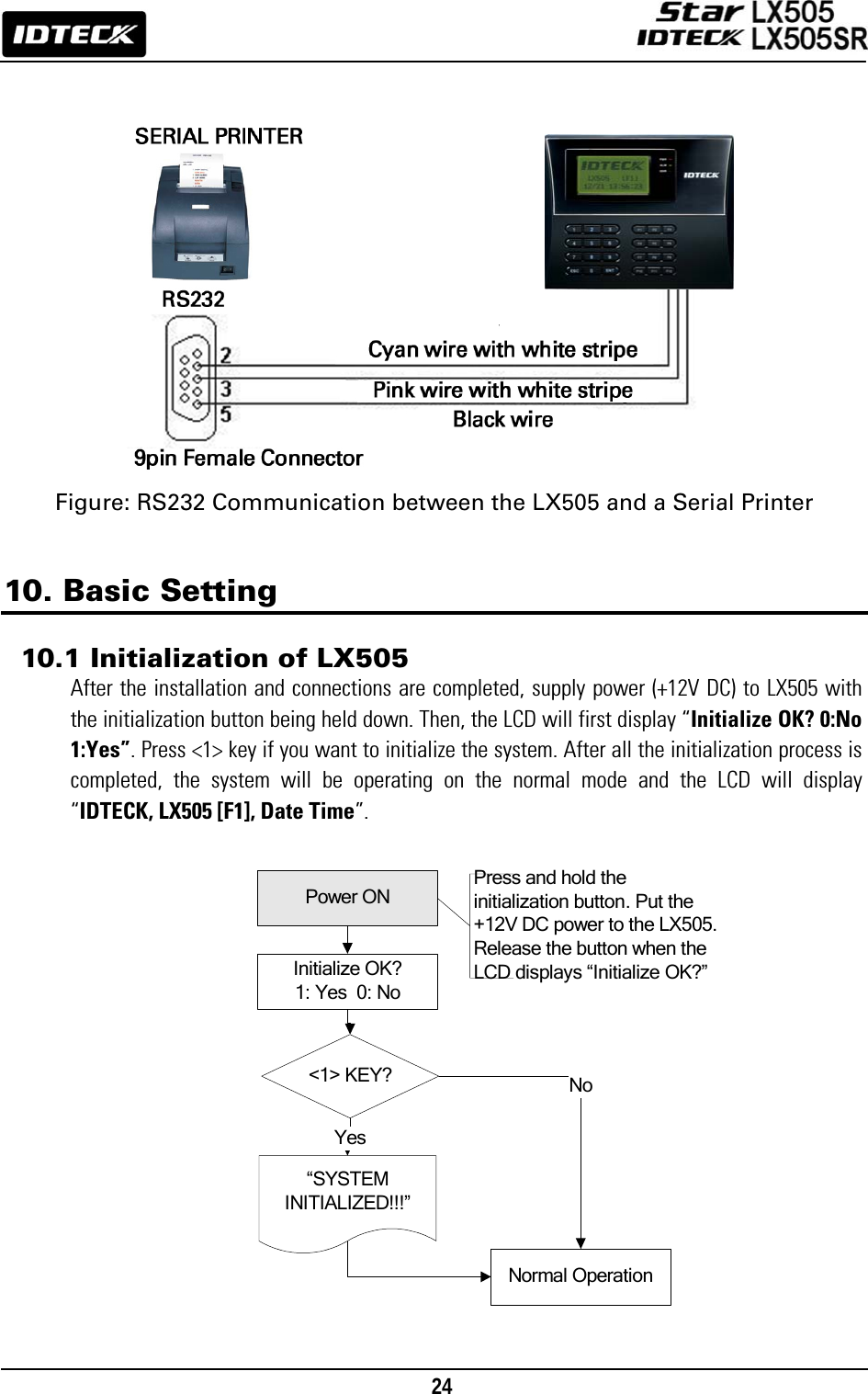                                                                                    24      &lt;1&gt; KEY?“SYSTEM INITIALIZED!!!”Power ONInitialize OK?1: Yes  0: NoNormal OperationYesNoPress and hold the initialization button. Put the +12V DC power to the LX505. Release the button when the LCD displays “Initialize OK?”                Figure: RS232 Communication between the LX505 and a Serial Printer   10. Basic Setting  10.1 Initialization of LX505 After the installation and connections are completed, supply power (+12V DC) to LX505 with the initialization button being held down. Then, the LCD will first display “Initialize OK? 0:No 1:Yes”. Press &lt;1&gt; key if you want to initialize the system. After all the initialization process is completed, the system will be operating on the normal mode and the LCD will display “IDTECK, LX505 [F1], Date Time”.                    