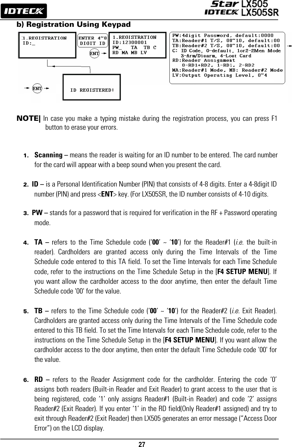                                                                                    27      b) Registration Using Keypad          NOTE| In case you make a typing mistake during the registration process, you can press F1 button to erase your errors.   1. Scanning – means the reader is waiting for an ID number to be entered. The card number for the card will appear with a beep sound when you present the card.    2. ID – is a Personal Identification Number (PIN) that consists of 4-8 digits. Enter a 4-8digit ID number (PIN) and press &lt;ENT&gt; key. (For LX505SR, the ID number consists of 4-10 digits.  3. PW – stands for a password that is required for verification in the RF + Password operating mode.   4. TA – refers to the Time Schedule code (‘00’ ~ ‘10’) for the Reader#1 (i.e.  the built-in reader). Cardholders are granted access only during the Time Intervals of the Time Schedule code entered to this TA field. To set the Time Intervals for each Time Schedule code, refer to the instructions on the Time Schedule Setup in the [F4 SETUP MENU]. If you want allow the cardholder access to the door anytime, then enter the default Time Schedule code &apos;00&apos; for the value.  5. TB – refers to the Time Schedule code (‘00’ ~ ‘10’) for the Reader#2 (i.e. Exit Reader). Cardholders are granted access only during the Time Intervals of the Time Schedule code entered to this TB field. To set the Time Intervals for each Time Schedule code, refer to the instructions on the Time Schedule Setup in the [F4 SETUP MENU]. If you want allow the cardholder access to the door anytime, then enter the default Time Schedule code &apos;00&apos; for the value.  6. RD – refers to the Reader Assignment code for the cardholder. Entering the code ‘0’ assigns both readers (Built-in Reader and Exit Reader) to grant access to the user that is being registered, code ‘1’ only assigns Reader#1 (Built-in Reader) and code ‘2’ assigns Reader#2 (Exit Reader). If you enter ‘1’ in the RD field(Only Reader#1 assigned) and try to exit through Reader#2 (Exit Reader) then LX505 generates an error message (“Access Door Error”) on the LCD display. 