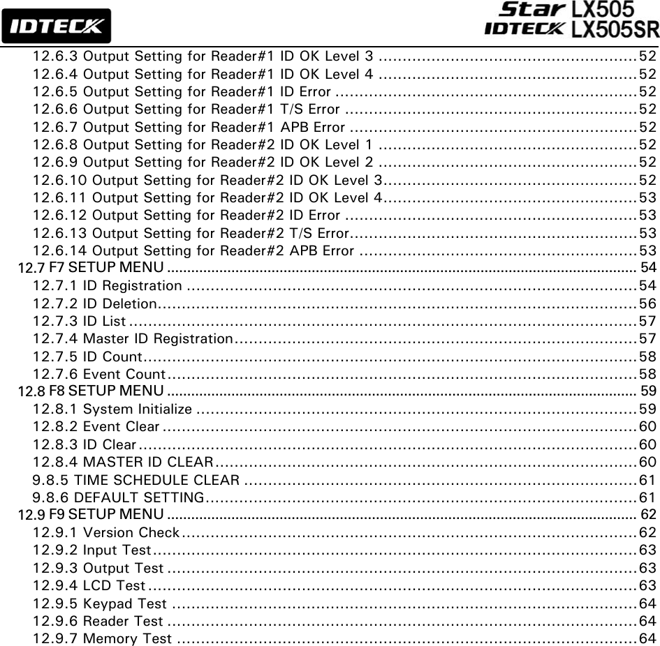                                                               12.6.3 Output Setting for Reader#1 ID OK Level 3 ......................................................52 12.6.4 Output Setting for Reader#1 ID OK Level 4 ......................................................52 12.6.5 Output Setting for Reader#1 ID Error ...............................................................52 12.6.6 Output Setting for Reader#1 T/S Error .............................................................52 12.6.7 Output Setting for Reader#1 APB Error ............................................................52 12.6.8 Output Setting for Reader#2 ID OK Level 1 ......................................................52 12.6.9 Output Setting for Reader#2 ID OK Level 2 ......................................................52 12.6.10 Output Setting for Reader#2 ID OK Level 3.....................................................52 12.6.11 Output Setting for Reader#2 ID OK Level 4.....................................................53 12.6.12 Output Setting for Reader#2 ID Error .............................................................53 12.6.13 Output Setting for Reader#2 T/S Error............................................................53 12.6.14 Output Setting for Reader#2 APB Error ..........................................................53 12.7 F7 SETUP MENU ..................................................................................................................... 54 12.7.1 ID Registration ..............................................................................................54 12.7.2 ID Deletion....................................................................................................56 12.7.3 ID List ..........................................................................................................57 12.7.4 Master ID Registration....................................................................................57 12.7.5 ID Count.......................................................................................................58 12.7.6 Event Count..................................................................................................58 12.8 F8 SETUP MENU ..................................................................................................................... 59 12.8.1 System Initialize ............................................................................................59 12.8.2 Event Clear ...................................................................................................60 12.8.3 ID Clear ........................................................................................................60 12.8.4 MASTER ID CLEAR........................................................................................60 9.8.5 TIME SCHEDULE CLEAR ..................................................................................61 9.8.6 DEFAULT SETTING..........................................................................................61 12.9 F9 SETUP MENU ..................................................................................................................... 62 12.9.1 Version Check...............................................................................................62 12.9.2 Input Test.....................................................................................................63 12.9.3 Output Test ..................................................................................................63 12.9.4 LCD Test ......................................................................................................63 12.9.5 Keypad Test .................................................................................................64 12.9.6 Reader Test ..................................................................................................64 12.9.7 Memory Test ................................................................................................64   