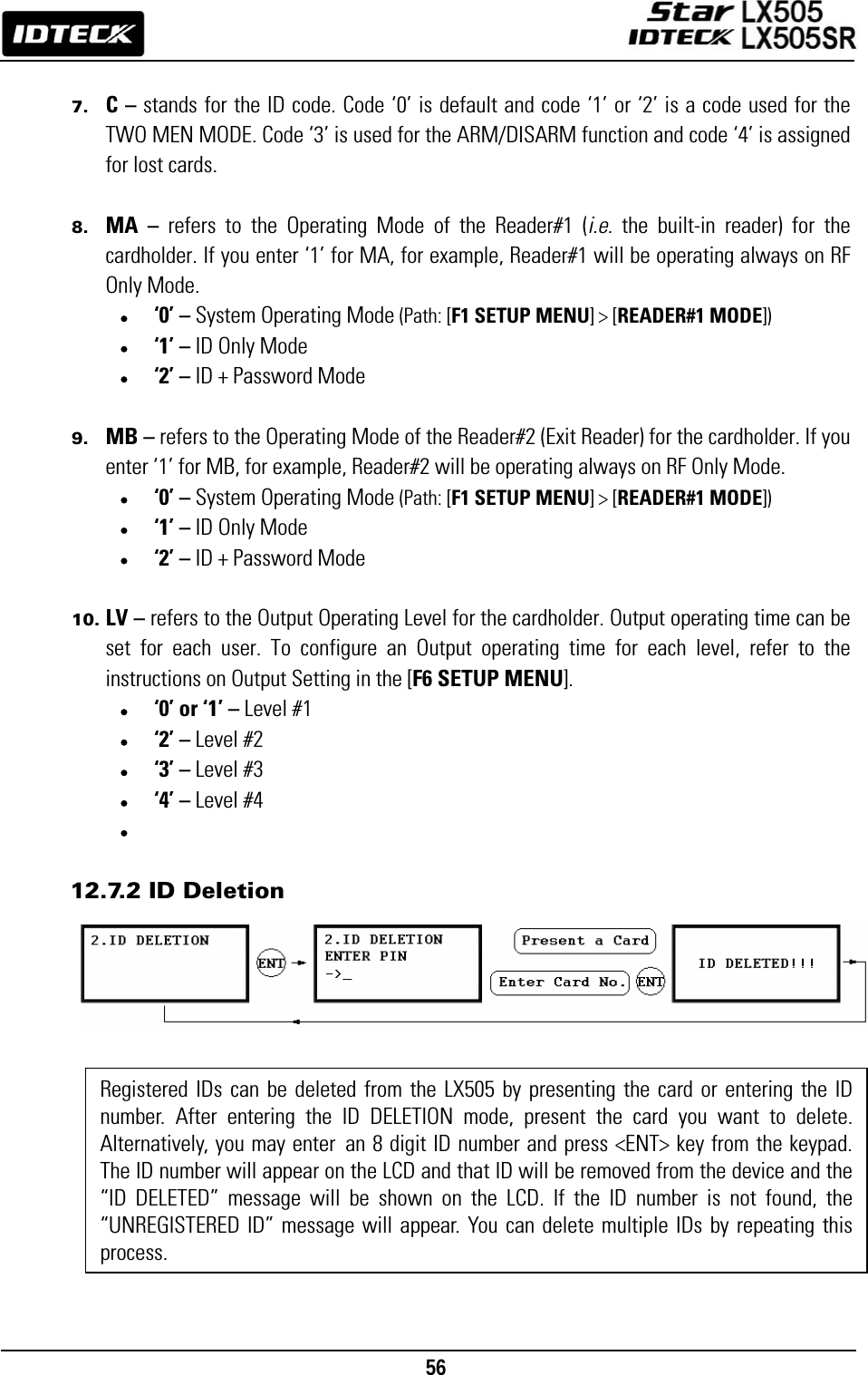                                                                                    56       7. C – stands for the ID code. Code ‘0’ is default and code ‘1’ or ‘2’ is a code used for the TWO MEN MODE. Code ‘3’ is used for the ARM/DISARM function and code ‘4’ is assigned for lost cards.  8. MA – refers to the Operating Mode of the Reader#1 (i.e.  the built-in reader) for the cardholder. If you enter ‘1’ for MA, for example, Reader#1 will be operating always on RF Only Mode. • ‘0’ – System Operating Mode (Path: [F1 SETUP MENU] &gt; [READER#1 MODE]) • ‘1’ – ID Only Mode • ‘2’ – ID + Password Mode  9. MB – refers to the Operating Mode of the Reader#2 (Exit Reader) for the cardholder. If you enter ‘1’ for MB, for example, Reader#2 will be operating always on RF Only Mode. • ‘0’ – System Operating Mode (Path: [F1 SETUP MENU] &gt; [READER#1 MODE]) • ‘1’ – ID Only Mode • ‘2’ – ID + Password Mode  10. LV – refers to the Output Operating Level for the cardholder. Output operating time can be set for each user. To configure an Output operating time for each level, refer to the instructions on Output Setting in the [F6 SETUP MENU]. • ‘0’ or ‘1’ – Level #1 • ‘2’ – Level #2 • ‘3’ – Level #3 • ‘4’ – Level #4 •   12.7.2 ID Deletion               Registered IDs can be deleted from the LX505 by presenting the card or entering the ID number. After entering the ID DELETION mode, present the card you want to delete. Alternatively, you may enter  an 8 digit ID number and press &lt;ENT&gt; key from the keypad. The ID number will appear on the LCD and that ID will be removed from the device and the “ID DELETED” message will be shown on the LCD. If the ID number is not found, the “UNREGISTERED ID” message will appear. You can delete multiple IDs by repeating this process.  