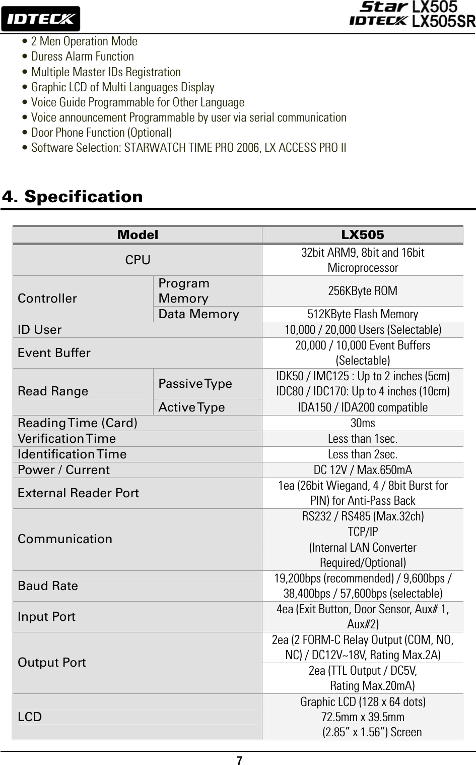                                                                                    7      • 2 Men Operation Mode • Duress Alarm Function • Multiple Master IDs Registration • Graphic LCD of Multi Languages Display • Voice Guide Programmable for Other Language • Voice announcement Programmable by user via serial communication • Door Phone Function (Optional) • Software Selection: STARWATCH TIME PRO 2006, LX ACCESS PRO II   4. Specification  Model  LX505 CPU  32bit ARM9, 8bit and 16bit Microprocessor Program Memory  256KByte ROM Controller Data Memory  512KByte Flash Memory ID User  10,000 / 20,000 Users (Selectable) Event Buffer  20,000 / 10,000 Event Buffers (Selectable) Passive Type  IDK50 / IMC125 : Up to 2 inches (5cm) IDC80 / IDC170: Up to 4 inches (10cm) Read Range Active Type  IDA150 / IDA200 compatible Reading Time  (Card)  30ms Verification Time  Less than 1sec. Identification Time  Less than 2sec. Power / Current  DC 12V / Max.650mA External Reader Port  1ea (26bit Wiegand, 4 / 8bit Burst for PIN) for Anti-Pass Back RS232 / RS485 (Max.32ch) Communication  TCP/IP  (Internal LAN Converter Required/Optional) Baud Rate  19,200bps (recommended) / 9,600bps / 38,400bps / 57,600bps (selectable) Input Port  4ea (Exit Button, Door Sensor, Aux# 1, Aux#2) 2ea (2 FORM-C Relay Output (COM, NO, NC) / DC12V~18V, Rating Max.2A) Output Port  2ea (TTL Output / DC5V,      Rating Max.20mA) LCD Graphic LCD (128 x 64 dots)   72.5mm x 39.5mm      (2.85” x 1.56”) Screen 