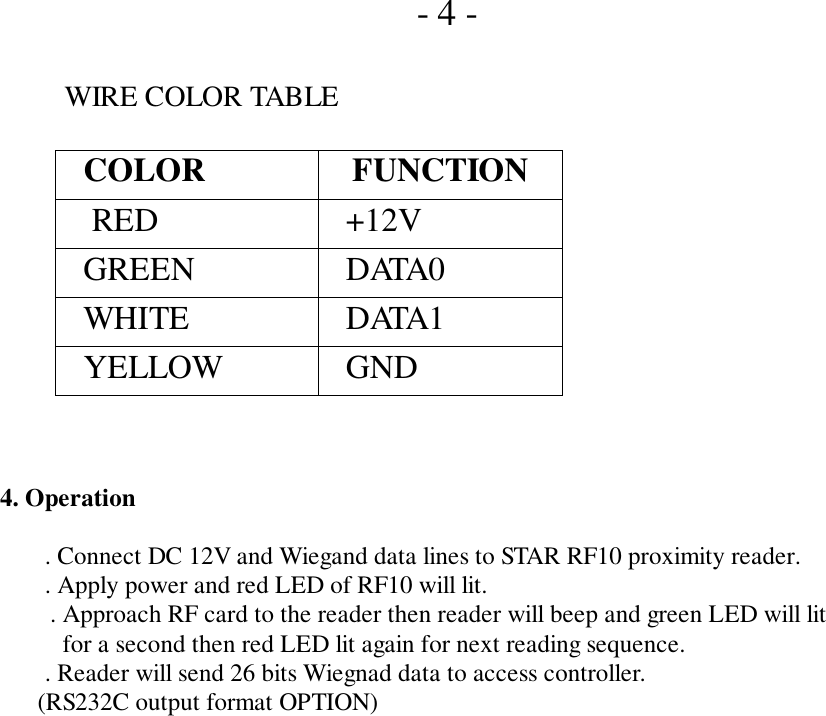 - 4 -        WIRE COLOR TABLE  COLOR FUNCTION   RED   +12V  GREEN   DATA0  WHITE   DATA1  YELLOW   GND4. Operation . Connect DC 12V and Wiegand data lines to STAR RF10 proximity reader. . Apply power and red LED of RF10 will lit.. Approach RF card to the reader then reader will beep and green LED will lit  for a second then red LED lit again for next reading sequence. . Reader will send 26 bits Wiegnad data to access controller.      (RS232C output format OPTION)