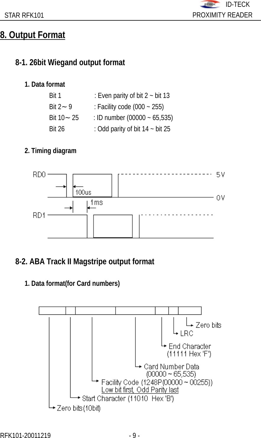                                                              STAR RFK101  PROXIMITY READER ID-TECK8. Output Format    8-1. 26bit Wiegand output format    1. Data format     Bit 1         : Even parity of bit 2 ~ bit 13   Bit 2～9      : Facility code (000 ~ 255)   Bit 10～25        : ID number (00000 ~ 65,535)     Bit 26                : Odd parity of bit 14 ~ bit 25    2. Timing diagram      8-2. ABA Track II Magstripe output format    1. Data format(for Card numbers)   RFK101-20011219                 - 9 -                    