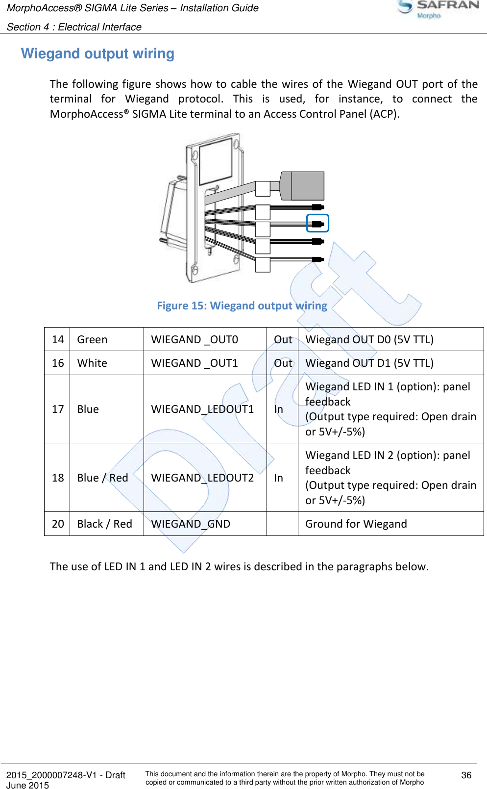 MorphoAccess® SIGMA Lite Series – Installation Guide  Section 4 : Electrical Interface   2015_2000007248-V1 - Draft This document and the information therein are the property of Morpho. They must not be copied or communicated to a third party without the prior written authorization of Morpho 36 June 2015   Wiegand output wiring The following figure shows how to  cable the  wires of the  Wiegand OUT port  of the terminal  for  Wiegand  protocol.  This  is  used,  for  instance,  to  connect  the MorphoAccess® SIGMA Lite terminal to an Access Control Panel (ACP).   Figure 15: Wiegand output wiring 14 Green WIEGAND _OUT0 Out Wiegand OUT D0 (5V TTL) 16 White WIEGAND _OUT1 Out Wiegand OUT D1 (5V TTL) 17 Blue WIEGAND_LEDOUT1 In Wiegand LED IN 1 (option): panel feedback (Output type required: Open drain or 5V+/-5%) 18 Blue / Red WIEGAND_LEDOUT2 In Wiegand LED IN 2 (option): panel feedback (Output type required: Open drain or 5V+/-5%) 20 Black / Red WIEGAND_GND  Ground for Wiegand  The use of LED IN 1 and LED IN 2 wires is described in the paragraphs below.   