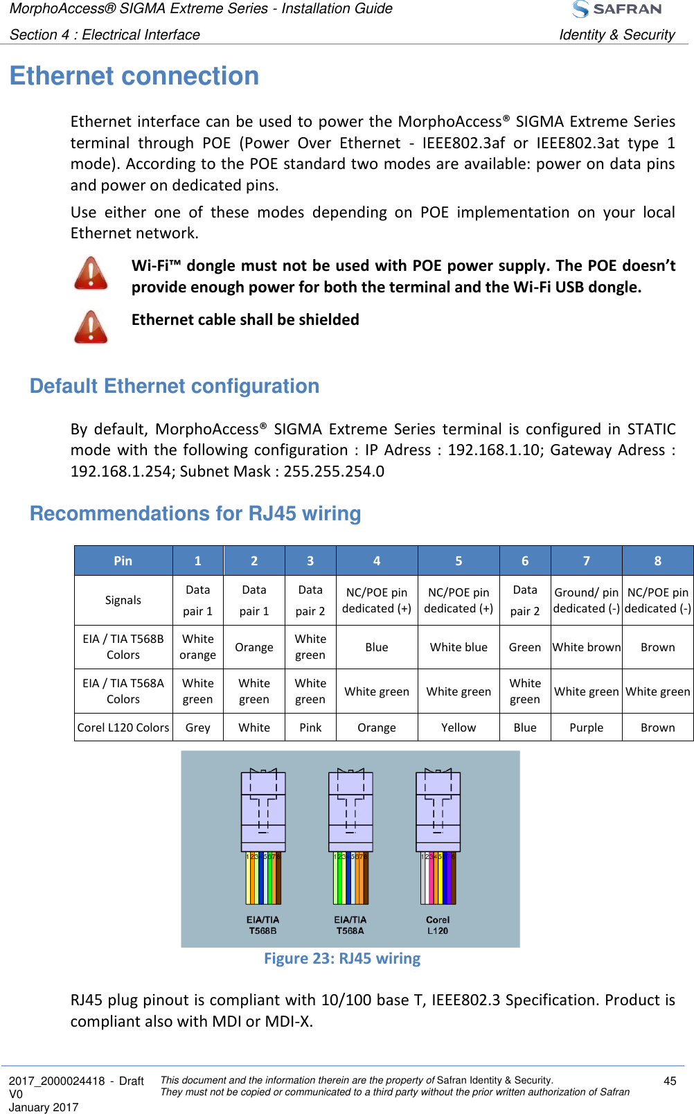 MorphoAccess® SIGMA Extreme Series - Installation Guide  Section 4 : Electrical Interface Identity &amp; Security  2017_2000024418  - Draft V0 January 2017 This document and the information therein are the property of Safran Identity &amp; Security. They must not be copied or communicated to a third party without the prior written authorization of Safran 45  Ethernet connection Ethernet interface can be used to power the MorphoAccess® SIGMA Extreme Series terminal  through  POE  (Power  Over  Ethernet  -  IEEE802.3af  or  IEEE802.3at  type  1 mode). According to the POE standard two modes are available: power on data pins and power on dedicated pins. Use  either  one  of  these  modes  depending  on  POE  implementation  on  your  local Ethernet network.  Wi-Fi™ dongle must not be used with POE power supply. The POE doesn’t provide enough power for both the terminal and the Wi-Fi USB dongle.  Ethernet cable shall be shielded Default Ethernet configuration By  default,  MorphoAccess®  SIGMA  Extreme  Series  terminal  is  configured  in  STATIC mode  with the following configuration :  IP Adress :  192.168.1.10;  Gateway Adress : 192.168.1.254; Subnet Mask : 255.255.254.0 Recommendations for RJ45 wiring Pin 1 2 3 4 5 6 7 8 Signals Data  pair 1 Data  pair 1 Data  pair 2 NC/POE pin dedicated (+) NC/POE pin dedicated (+) Data  pair 2 Ground/ pin dedicated (-) NC/POE pin dedicated (-) EIA / TIA T568B Colors White orange Orange White green Blue White blue Green White brown Brown EIA / TIA T568A Colors White green White green White green White green White green White green White green White green Corel L120 Colors Grey White Pink Orange Yellow Blue Purple Brown      Figure 23: RJ45 wiring RJ45 plug pinout is compliant with 10/100 base T, IEEE802.3 Specification. Product is compliant also with MDI or MDI-X. 