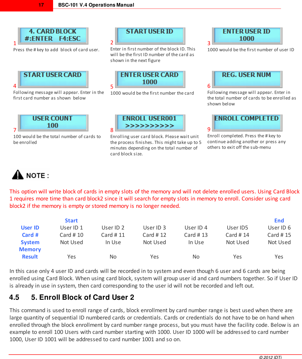 BSC-101 V.4 Operations Manual17©  2012 IDTi1Press the # key to add  block of card user.2Enter in first number of the block ID. Thiswill be the first ID number of the card asshown in the next figure31000 would be the first number of user ID4Following message will appear. Enter in thefirst card number as shown  below51000 would be the first number the card6Following message will appear. Enter inthe total number of cards to be enrolled asshown below7100 would be the total number of cards tobe enrolled8Enrolling user card block. Please wait unitthe process finishes. This might take up to 5minutes depending on the total number ofcard block size.9Enroll completed. Press the # key tocontinue adding another or press anyothers to exit off the sub-menuThis option will write block of cards in empty slots of the memory and will not delete enrolled users. Using Card Block1 requires more time than card block2 since it will search for empty slots in memory to enroll. Consider using cardblock2 if the memory is empty or stored memory is no longer needed. StartEndUser IDUser ID 1User ID 2User ID 3User ID 4User ID5User ID 6Card #Card # 10Card # 11Card # 12Card # 13Card # 14Card # 15SystemMemoryNot UsedIn UseNot UsedIn UseNot UsedNot UsedResultYesNoYesNoYesYesIn this case only 4 user ID and cards will be recorded in to system and even though 6 user and 6 cards are beingenrolled using Card Block. When using card block, system will group user id and card numbers together. So if User IDis already in use in system, then card corresponding to the user id will not be recorded and left out. 4.5 5. Enroll Block of Card User 2This command is used to enroll range of cards, block enrollment by card number range is best used when there arelarge quantity of sequential ID numbered cards or credentials. Cards or credentials do not have to be on hand whenenrolled through the block enrollment by card number range process, but you must have the facility code. Below is anexample to enroll 100 Users with card number starting with 1000. User ID 1000 will be addressed to card number1000, User ID 1001 will be addressed to card number 1001 and so on.