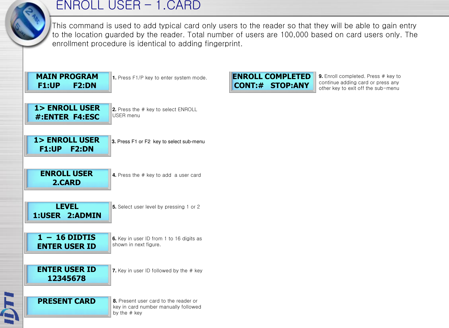 ENROLL USER – 1.CARD 1  –  16 DIDTIS ENTER USER ID ENTER USER ID 12345678 PRESENT CARD ENROLL COMPLETED CONT:#   STOP:ANY ENROLL USER 2.CARD This command is used to add typical card only users to the reader so that they will be able to gain entry to the location guarded by the reader. Total number of users are 100,000 based on card users only. The enrollment procedure is identical to adding fingerprint. MAIN PROGRAM F1:UP      F2:DN 1&gt; ENROLL USER #:ENTER  F4:ESC 1&gt; ENROLL USER F1:UP    F2:DN 1. Press F1/P key to enter system mode. 2. Press the # key to select ENROLL USER menu 4. Press the # key to add  a user card 6. Key in user ID from 1 to 16 digits as shown in next figure.  7. Key in user ID followed by the # key  3. Press F1 or F2  key to select sub-menu 8. Present user card to the reader or key in card number manually followed by the # key 9. Enroll completed. Press # key to continue adding card or press any other key to exit off the sub-menu LEVEL       1:USER   2:ADMIN 5. Select user level by pressing 1 or 2 