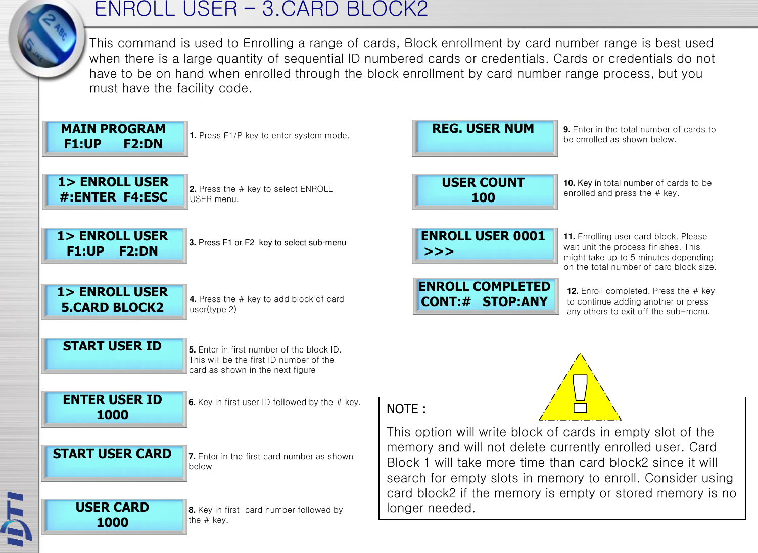 This command is used to Enrolling a range of cards, Block enrollment by card number range is best used when there is a large quantity of sequential ID numbered cards or credentials. Cards or credentials do not have to be on hand when enrolled through the block enrollment by card number range process, but you must have the facility code.  START USER ID ENTER USER ID 1000 START USER CARD USER CARD 1000 REG. USER NUM ENROLL USER 0001   &gt;&gt;&gt; 1&gt; ENROLL USER 5.CARD BLOCK2 USER COUNT 100 ENROLL COMPLETED CONT:#   STOP:ANY MAIN PROGRAM F1:UP      F2:DN 1&gt; ENROLL USER #:ENTER  F4:ESC 1&gt; ENROLL USER F1:UP    F2:DN ENROLL USER – 3.CARD BLOCK2 6. Key in first user ID followed by the # key. 7. Enter in the first card number as shown  below 8. Key in first  card number followed by the # key.  1. Press F1/P key to enter system mode. 2. Press the # key to select ENROLL USER menu. 4. Press the # key to add block of card  user(type 2) 5. Enter in first number of the block ID. This will be the first ID number of the card as shown in the next figure 3. Press F1 or F2  key to select sub-menu 9. Enter in the total number of cards to be enrolled as shown below.  10. Key in total number of cards to be enrolled and press the # key. 11. Enrolling user card block. Please wait unit the process finishes. This might take up to 5 minutes depending on the total number of card block size. 12. Enroll completed. Press the # key to continue adding another or press any others to exit off the sub-menu.  NOTE : This option will write block of cards in empty slot of the memory and will not delete currently enrolled user. Card Block 1 will take more time than card block2 since it will search for empty slots in memory to enroll. Consider using card block2 if the memory is empty or stored memory is no longer needed. 