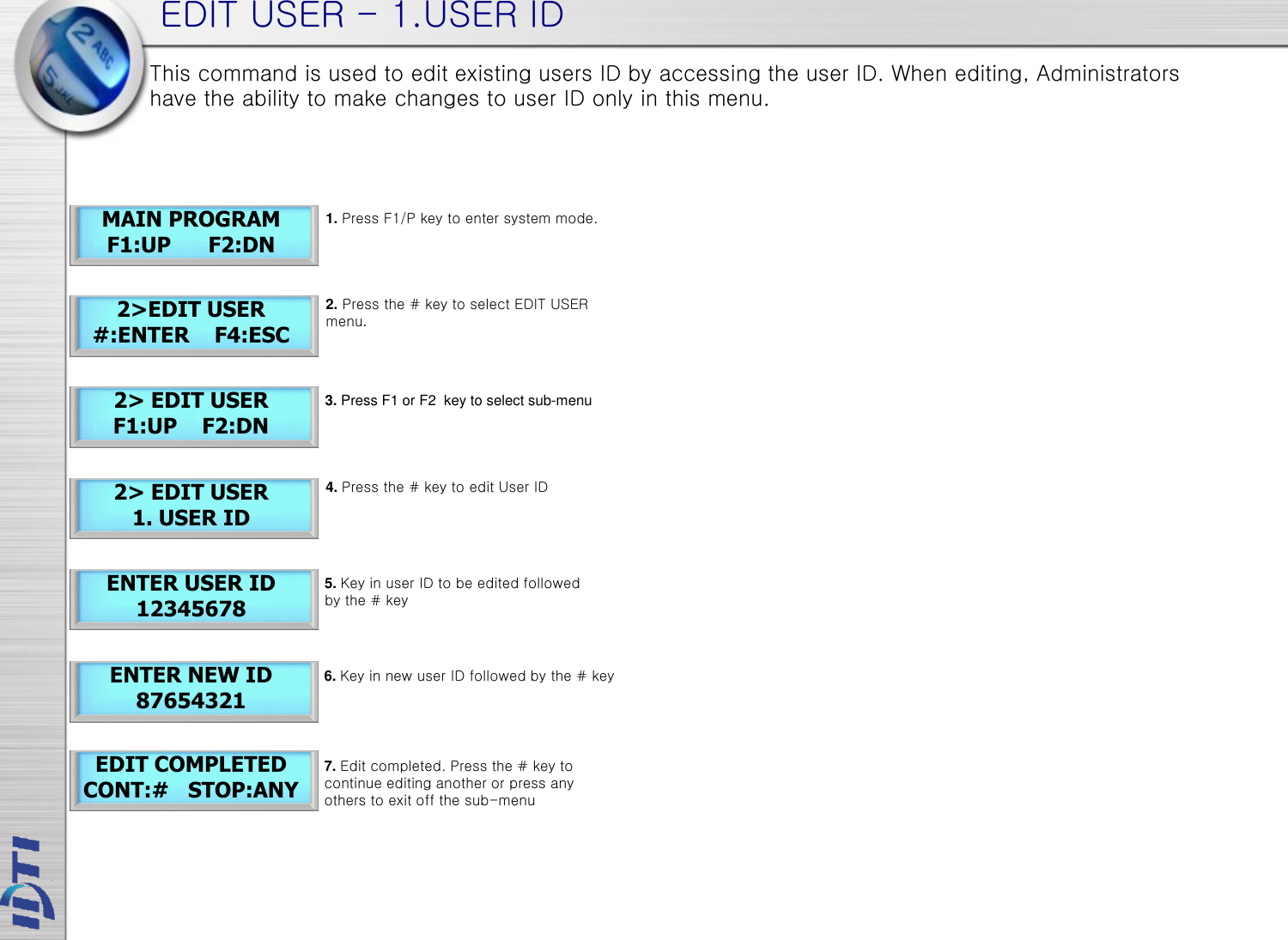 EDIT USER - 1.USER ID MAIN PROGRAM F1:UP      F2:DN 2&gt; EDIT USER 1. USER ID ENTER USER ID 12345678 ENTER NEW ID 87654321 2&gt;EDIT USER #:ENTER    F4:ESC 2&gt; EDIT USER F1:UP    F2:DN EDIT COMPLETED CONT:#   STOP:ANY This command is used to edit existing users ID by accessing the user ID. When editing, Administrators have the ability to make changes to user ID only in this menu. 6. Key in new user ID followed by the # key 1. Press F1/P key to enter system mode. 2. Press the # key to select EDIT USER menu. 4. Press the # key to edit User ID 5. Key in user ID to be edited followed by the # key 3. Press F1 or F2  key to select sub-menu 7. Edit completed. Press the # key to continue editing another or press any others to exit off the sub-menu 