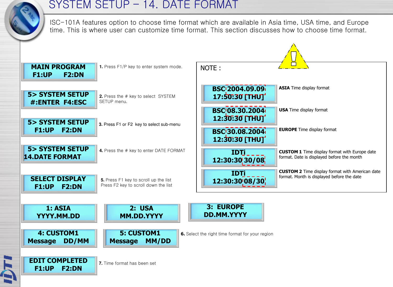 SYSTEM SETUP – 14. DATE FORMAT 5&gt; SYSTEM SETUP 14.DATE FORMAT SELECT DISPLAY F1:UP    F2:DN MAIN PROGRAM F1:UP      F2:DN 5&gt; SYSTEM SETUP #:ENTER  F4:ESC 5&gt; SYSTEM SETUP F1:UP    F2:DN 1: ASIA YYYY.MM.DD EDIT COMPLETED F1:UP    F2:DN 2:  USA MM.DD.YYYY 3:  EUROPE DD.MM.YYYY 4: CUSTOM1 Message    DD/MM 5: CUSTOM1 Message    MM/DD NOTE :           BSC 2004.09.09 17:50:30 [THU] BSC 08.30.2004 12:30:30 [THU] BSC 30.08.2004 12:30:30 [THU] IDTi 12:30:30 30/08 IDTi 12:30:30 08/30 ASIA Time display format USA Time display format EUROPE Time display format CUSTOM 1 Time display format with Europe date format. Date is displayed before the month CUSTOM 2 Time display format with American date format. Month is displayed before the date ISC-101A features option to choose time format which are available in Asia time, USA time, and Europe time. This is where user can customize time format. This section discusses how to choose time format. 1. Press F1/P key to enter system mode. 2. Press the # key to select  SYSTEM SETUP menu. 4. Press the # key to enter DATE FORMAT 3. Press F1 or F2  key to select sub-menu 5. Press F1 key to scroll up the list  Press F2 key to scroll down the list 6. Select the right time format for your region 7. Time format has been set 