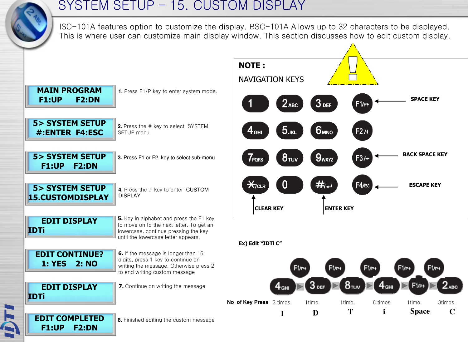 SYSTEM SETUP – 15. CUSTOM DISPLAY EDIT DISPLAY IDTi 5. Key in alphabet and press the F1 key to move on to the next letter. To get an lowercase, continue pressing the key until the lowercase letter appears.  6. If the message is longer than 16 digits, press 1 key to continue on writing the message. Otherwise press 2 to end writing custom message EDIT COMPLETED F1:UP    F2:DN 5&gt; SYSTEM SETUP 15.CUSTOMDISPLAY MAIN PROGRAM F1:UP      F2:DN 5&gt; SYSTEM SETUP #:ENTER  F4:ESC 5&gt; SYSTEM SETUP F1:UP    F2:DN EDIT CONTINUE? 1: YES    2: NO EDIT DISPLAY IDTi 7. Continue on writing the message NOTE : NAVIGATION KEYS               SPACE KEY CLEAR KEY ENTER KEY ESCAPE KEY BACK SPACE KEY ISC-101A features option to customize the display. BSC-101A Allows up to 32 characters to be displayed. This is where user can customize main display window. This section discusses how to edit custom display. 1. Press F1/P key to enter system mode. 2. Press the # key to select  SYSTEM SETUP menu. 4. Press the # key to enter  CUSTOM DISPLAY 3. Press F1 or F2  key to select sub-menu Ex) Edit “IDTi C” 8. Finished editing the custom message 3 times.  1time.  1time.  6 times  3times. 1time. I  D  T  i  Space  C No  of Key Press 
