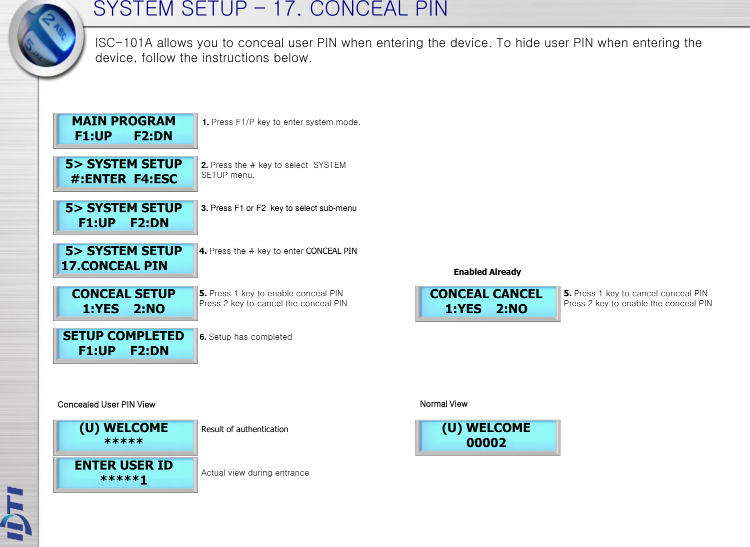 SYSTEM SETUP – 17. CONCEAL PIN 5&gt; SYSTEM SETUP  17.CONCEAL PIN CONCEAL SETUP 1:YES    2:NO SETUP COMPLETED F1:UP    F2:DN 5&gt; SYSTEM SETUP F1:UP    F2:DN 5. Press 1 key to enable conceal PIN Press 2 key to cancel the conceal PIN 4. Press the # key to enter CONCEAL PIN CONCEAL CANCEL 1:YES    2:NO (U) WELCOME  ***** (U) WELCOME  00002 ENTER USER ID  *****1 Result of authentication Actual view during entrance  Concealed User PIN View MAIN PROGRAM F1:UP      F2:DN 5&gt; SYSTEM SETUP #:ENTER  F4:ESC 1. Press F1/P key to enter system mode. 2. Press the # key to select  SYSTEM SETUP menu. Normal View 3. Press F1 or F2  key to select sub-menu 6. Setup has completed 5. Press 1 key to cancel conceal PIN Press 2 key to enable the conceal PIN  Enabled Already ISC-101A allows you to conceal user PIN when entering the device. To hide user PIN when entering the device, follow the instructions below. 