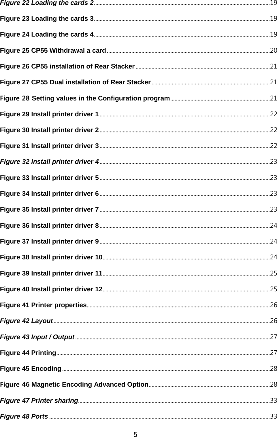 5 Figure 22 Loading the cards 2 .......................................................................................................................... 19 Figure 23 Loading the cards 3 .......................................................................................................................... 19 Figure 24 Loading the cards 4 .......................................................................................................................... 19 Figure 25 CP55 Withdrawal a card ................................................................................................................. 20 Figure 26 CP55 installation of Rear Stacker ............................................................................................. 21 Figure 27 CP55 Dual installation of Rear Stacker .................................................................................. 21 Figure 28 Setting values in the Configuration program ..................................................................... 21 Figure 29 Install printer driver 1 ...................................................................................................................... 22 Figure 30 Install printer driver 2 ...................................................................................................................... 22 Figure 31 Install printer driver 3 ...................................................................................................................... 22 Figure 32 Install printer driver 4 ...................................................................................................................... 23 Figure 33 Install printer driver 5 ...................................................................................................................... 23 Figure 34 Install printer driver 6 ...................................................................................................................... 23 Figure 35 Install printer driver 7 ...................................................................................................................... 23 Figure 36 Install printer driver 8 ...................................................................................................................... 24 Figure 37 Install printer driver 9 ...................................................................................................................... 24 Figure 38 Install printer driver 10 .................................................................................................................... 24 Figure 39 Install printer driver 11 .................................................................................................................... 25 Figure 40 Install printer driver 12 .................................................................................................................... 25 Figure 41 Printer properties ............................................................................................................................... 26 Figure 42 Layout ...................................................................................................................................................... 26 Figure 43 Input / Output ....................................................................................................................................... 27 Figure 44 Printing .................................................................................................................................................... 27 Figure 45 Encoding ................................................................................................................................................ 28 Figure 46 Magnetic Encoding Advanced Option .................................................................................... 28 Figure 47 Printer sharing..................................................................................................................................... 33 Figure 48 Ports ......................................................................................................................................................... 33 