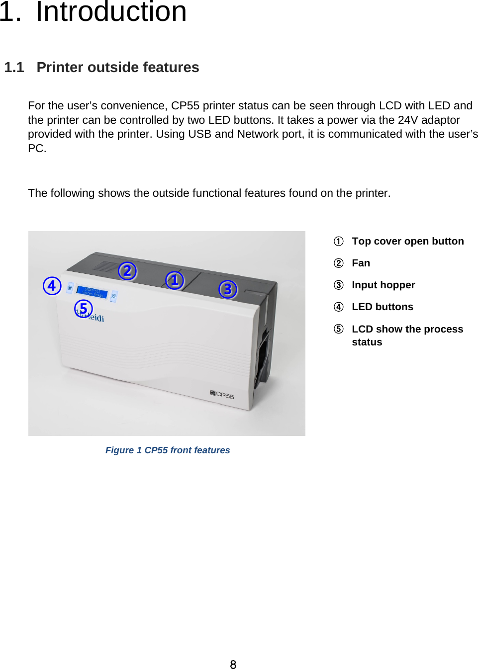 8   1. Introduction  1.1   Printer outside features  For the user’s convenience, CP55 printer status can be seen through LCD with LED and the printer can be controlled by two LED buttons. It takes a power via the 24V adaptor provided with the printer. Using USB and Network port, it is communicated with the user’s PC.  The following shows the outside functional features found on the printer.   Figure 1 CP55 front features  ① Top cover open button ② Fan ③ Input hopper ④ LED buttons ⑤ LCD show the process status ① ② ③ ④ ⑤ 