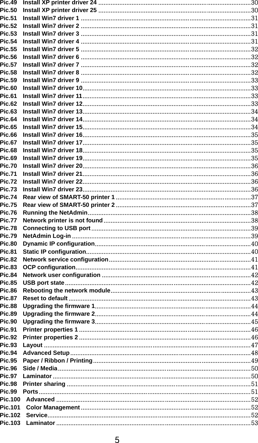 5 Pic.49    Install XP printer driver 24 ....................................................................................... 30 Pic.50    Install XP printer driver 25 ....................................................................................... 30 Pic.51    Install Win7 driver 1 ................................................................................................. 31 Pic.52    Install Win7 driver 2 ................................................................................................. 31 Pic.53    Install Win7 driver 3 ................................................................................................. 31 Pic.54    Install Win7 driver 4 ................................................................................................. 31 Pic.55    Install Win7 driver 5 ................................................................................................. 32 Pic.56    Install Win7 driver 6 ................................................................................................. 32 Pic.57    Install Win7 driver 7 ................................................................................................. 32 Pic.58    Install Win7 driver 8 ................................................................................................. 32 Pic.59    Install Win7 driver 9 ................................................................................................. 33 Pic.60    Install Win7 driver 10 ................................................................................................ 33 Pic.61    Install Win7 driver 11 ................................................................................................ 33 Pic.62    Install Win7 driver 12 ................................................................................................ 33 Pic.63    Install Win7 driver 13 ................................................................................................ 34 Pic.64    Install Win7 driver 14 ................................................................................................ 34 Pic.65    Install Win7 driver 15 ................................................................................................ 34 Pic.66    Install Win7 driver 16 ................................................................................................ 35 Pic.67    Install Win7 driver 17 ................................................................................................ 35 Pic.68    Install Win7 driver 18 ................................................................................................ 35 Pic.69    Install Win7 driver 19 ................................................................................................ 35 Pic.70    Install Win7 driver 20 ................................................................................................ 36 Pic.71    Install Win7 driver 21 ................................................................................................ 36 Pic.72    Install Win7 driver 22 ................................................................................................ 36 Pic.73    Install Win7 driver 23 ................................................................................................ 36 Pic.74    Rear view of SMART-50 printer 1 ............................................................................. 37 Pic.75    Rear view of SMART-50 printer 2 ............................................................................. 37 Pic.76  Running the NetAdmin ............................................................................................. 38 Pic.77    Network printer is not found .................................................................................... 38 Pic.78  Connecting to USB port ........................................................................................... 39 Pic.79  NetAdmin Log-in ...................................................................................................... 39 Pic.80  Dynamic IP configuration ......................................................................................... 40 Pic.81    Static IP configuration.............................................................................................. 40 Pic.82  Network service configuration ................................................................................. 41 Pic.83  OCP configuration .................................................................................................... 41 Pic.84  Network user configuration ..................................................................................... 42 Pic.85  USB port state .......................................................................................................... 42 Pic.86    Rebooting the network module ................................................................................ 43 Pic.87  Reset to default ........................................................................................................ 43 Pic.88  Upgrading the firmware 1 ......................................................................................... 44 Pic.89  Upgrading the firmware 2 ......................................................................................... 44 Pic.90  Upgrading the firmware 3 ......................................................................................... 45 Pic.91    Printer properties 1 .................................................................................................. 46 Pic.92    Printer properties 2 .................................................................................................. 46 Pic.93  Layout ...................................................................................................................... 47 Pic.94  Advanced Setup ....................................................................................................... 48 Pic.95    Paper / Ribbon / Printing .......................................................................................... 49 Pic.96    Side / Media .............................................................................................................. 50 Pic.97  Laminator ................................................................................................................. 50 Pic.98  Printer sharing ......................................................................................................... 51 Pic.99  Ports ......................................................................................................................... 51 Pic.100  Advanced ............................................................................................................... 52 Pic.101  Color Management ................................................................................................. 52 Pic.102  Service .................................................................................................................... 52 Pic.103  Laminator ............................................................................................................... 53 