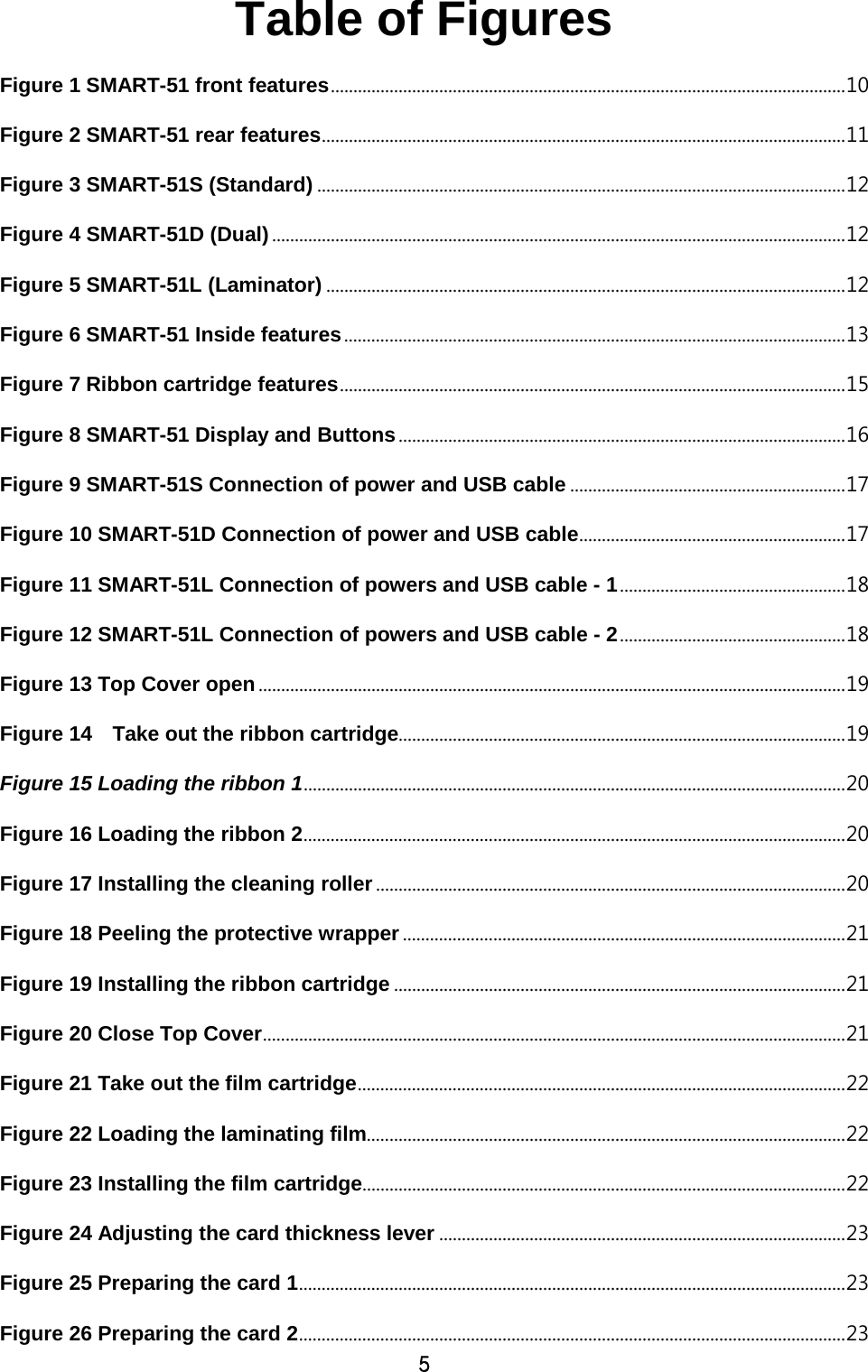 5 Table of Figures Figure 1 SMART-51 front features .................................................................................................................. 10 Figure 2 SMART-51 rear features .................................................................................................................... 11 Figure 3 SMART-51S (Standard) ..................................................................................................................... 12 Figure 4 SMART-51D (Dual) ............................................................................................................................... 12 Figure 5 SMART-51L (Laminator) ................................................................................................................... 12 Figure 6 SMART-51 Inside features ............................................................................................................... 13 Figure 7 Ribbon cartridge features ................................................................................................................ 15 Figure 8 SMART-51 Display and Buttons ................................................................................................... 16 Figure 9 SMART-51S Connection of power and USB cable ............................................................. 17 Figure 10 SMART-51D Connection of power and USB cable ........................................................... 17 Figure 11 SMART-51L Connection of powers and USB cable - 1 .................................................. 18 Figure 12 SMART-51L Connection of powers and USB cable - 2 .................................................. 18 Figure 13 Top Cover open .................................................................................................................................. 19 Figure 14    Take out the ribbon cartridge................................................................................................... 19 Figure 15 Loading the ribbon 1 ........................................................................................................................ 20 Figure 16 Loading the ribbon 2 ........................................................................................................................ 20 Figure 17 Installing the cleaning roller ........................................................................................................ 20 Figure 18 Peeling the protective wrapper .................................................................................................. 21 Figure 19 Installing the ribbon cartridge .................................................................................................... 21 Figure 20 Close Top Cover ................................................................................................................................. 21 Figure 21 Take out the film cartridge ............................................................................................................ 22 Figure 22 Loading the laminating film .......................................................................................................... 22 Figure 23 Installing the film cartridge ........................................................................................................... 22 Figure 24 Adjusting the card thickness lever .......................................................................................... 23 Figure 25 Preparing the card 1 ......................................................................................................................... 23 Figure 26 Preparing the card 2 ......................................................................................................................... 23 