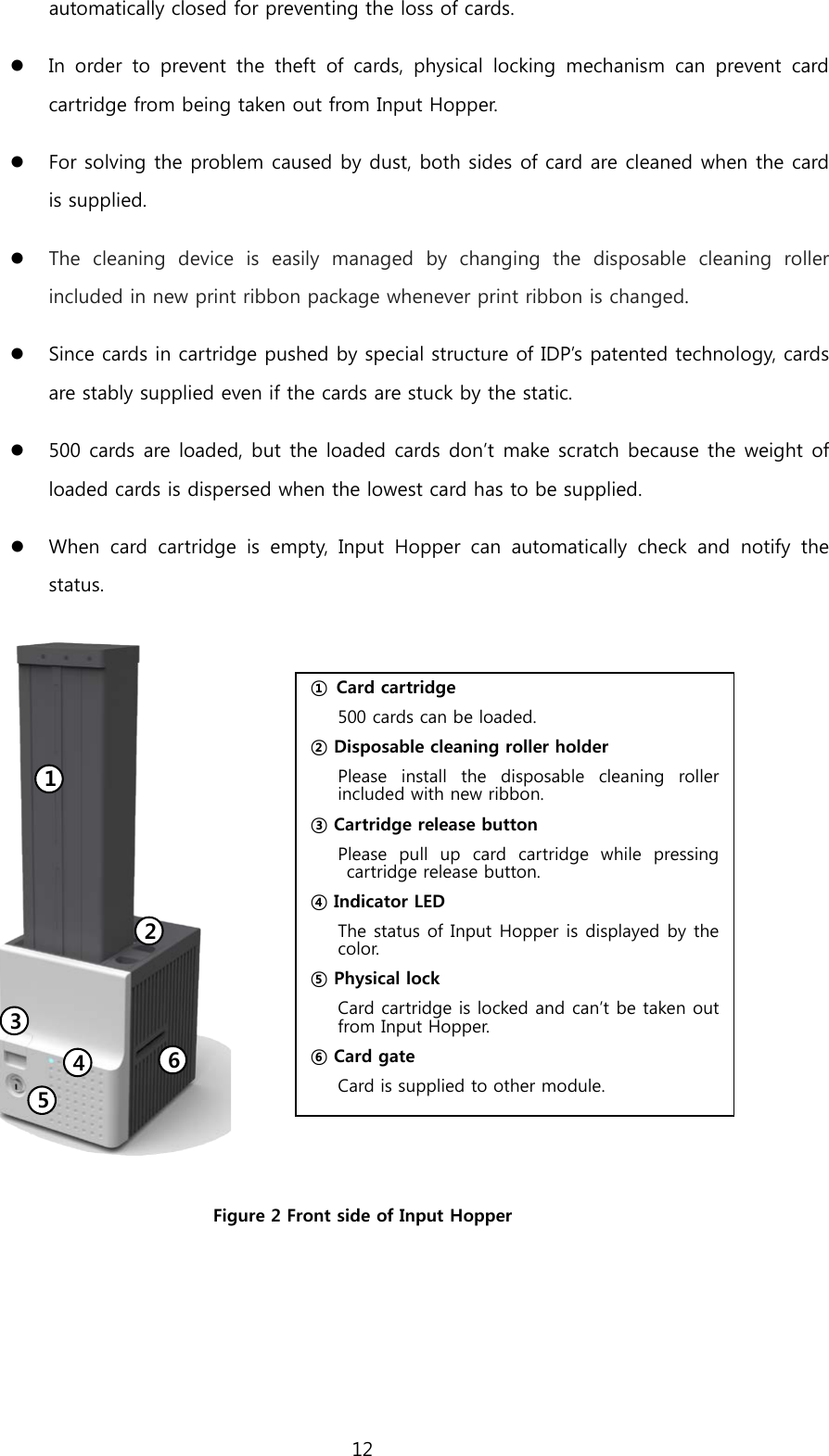 automatically closed for preventing the loss of cards.  In order to prevent the theft of cards, physical locking mechanism can prevent card cartridge from being taken out from Input Hopper.  For solving the problem caused by dust, both sides of card are cleaned when the card is supplied.  The cleaning device is easily managed by changing the disposable cleaning roller included in new print ribbon package whenever print ribbon is changed.  Since cards in cartridge pushed by special structure of IDP’s patented technology, cards are stably supplied even if the cards are stuck by the static.  500 cards are loaded, but the loaded cards don’t make scratch because the weight of loaded cards is dispersed when the lowest card has to be supplied.  When card cartridge is empty,  Input Hopper can automatically  check and notify  the status.  Figure 2 Front side of Input Hopper 1 2 3 ①  Card cartridge 500 cards can be loaded. ② Disposable cleaning roller holder Please install the disposable cleaning roller included with new ribbon. ③ Cartridge release button Please pull up card cartridge while pressing cartridge release button. ④ Indicator LED The status of Input Hopper is displayed by the color. ⑤ Physical lock Card cartridge is locked and can’t be taken out from Input Hopper. ⑥ Card gate Card is supplied to other module. 4 5 6 12  